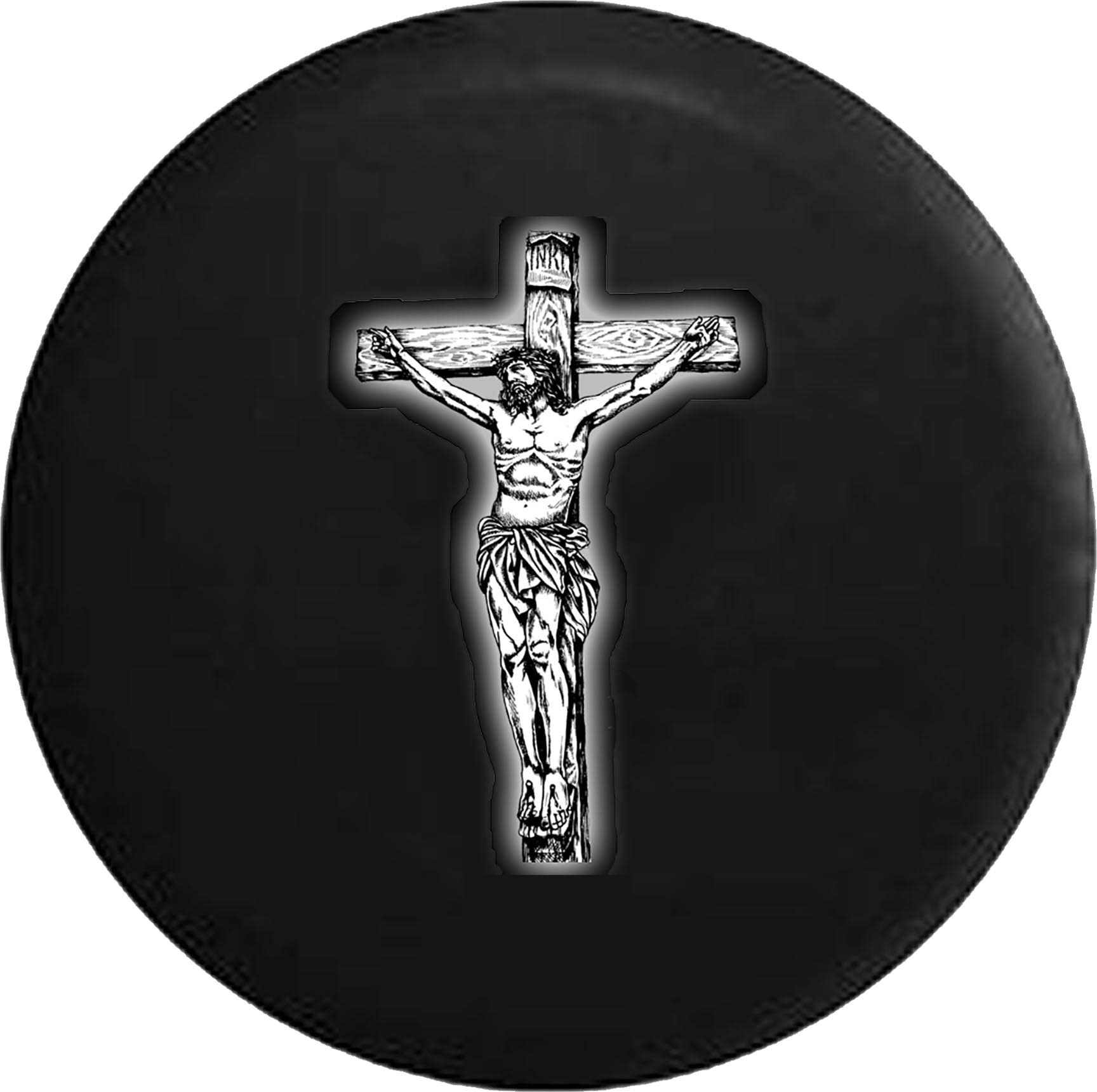 30 Inch Glowing Jesus on Cross Blessed Christian Black Car Tire Cover - Durable Tire Accessories for Trucks, SUVs, RVs, Trailers & Campers | Perfect for Religious Road Trips & Faith-Based Vehicle Protection