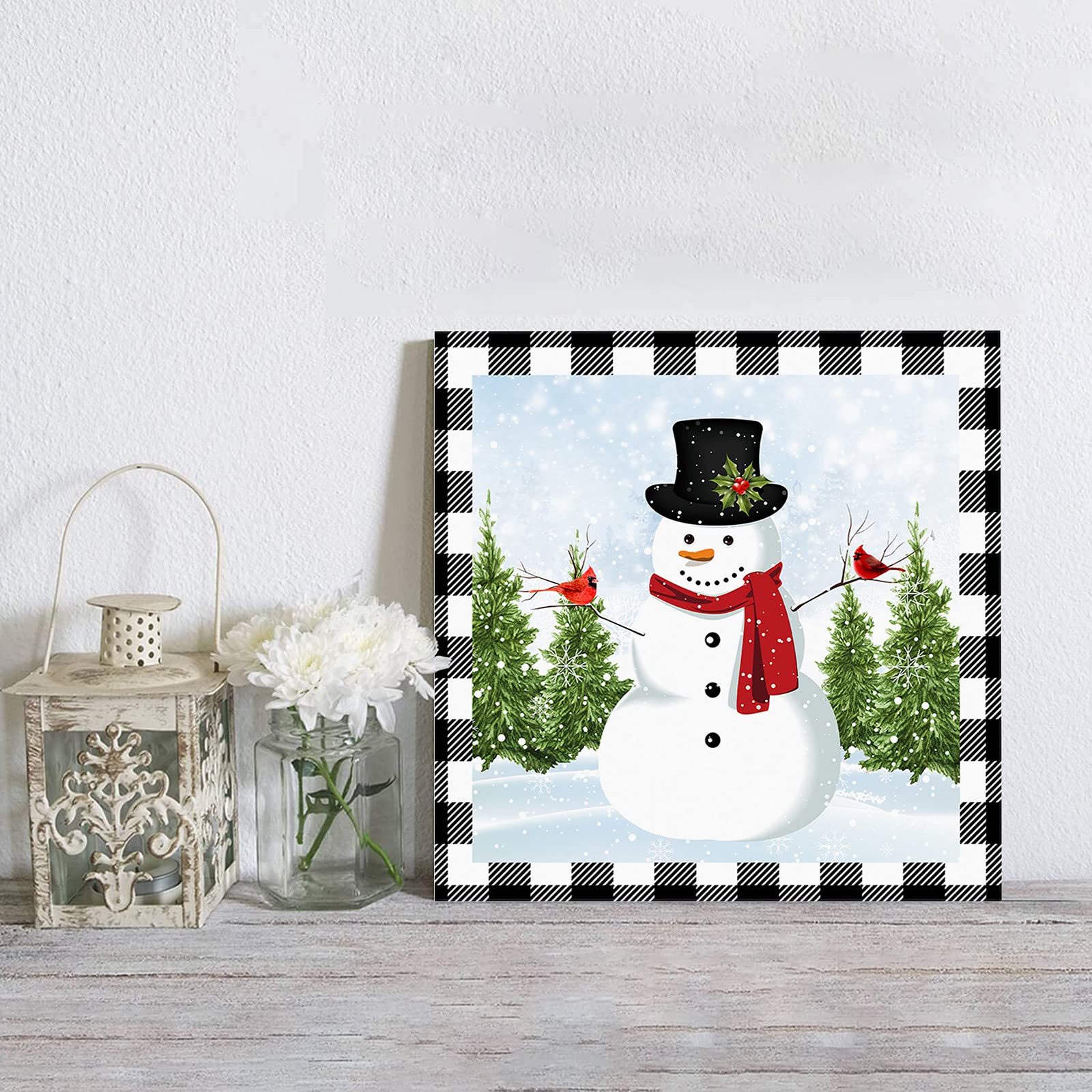 Black and White Buffalo Plaid Christmas Tree & Snowman Canvas Wall Art - 12