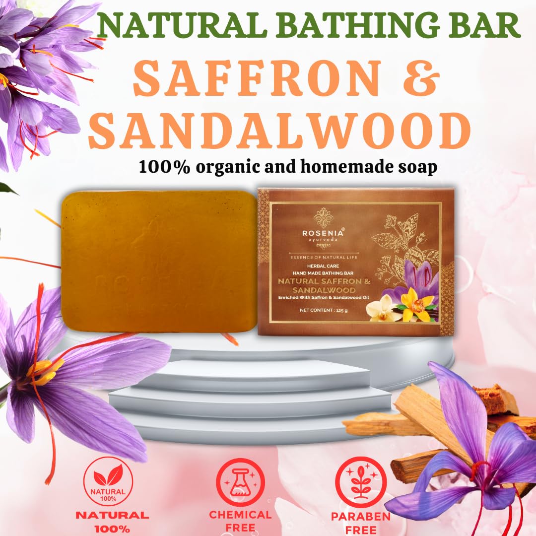 Rosenia Ayurveda Natural Saffron & Sandalwood Handmade Soap Bar | Organic Skincare for Dry & Sensitive Skin | Perfect for Daily Bathing, Spa & Gift Sets