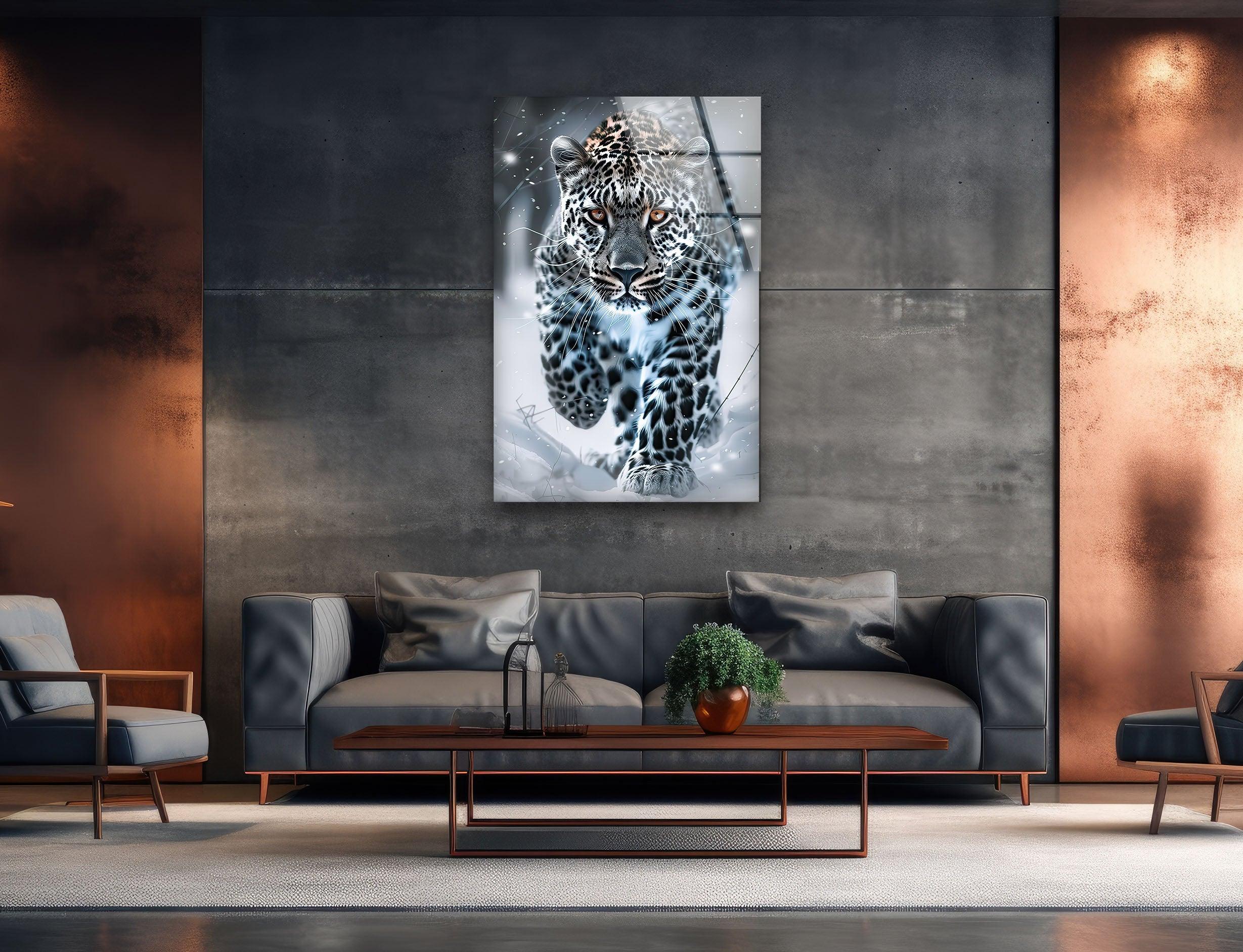 Black and White Leopard Glass Wall Art - Modern Home Decor for Living Room, Bedroom & Office - Elegant Abstract Animal Print Wall Hanging