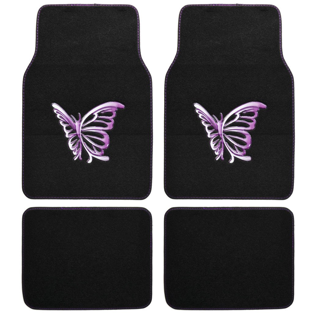 BDK Luxury Car Floor Mats & Steering Wheel Cover Combo Set - Purple & White Butterfly Design | Non-Slip Car Accessories for Sedan, SUV, Truck | Perfect for Gifts & Home Decor