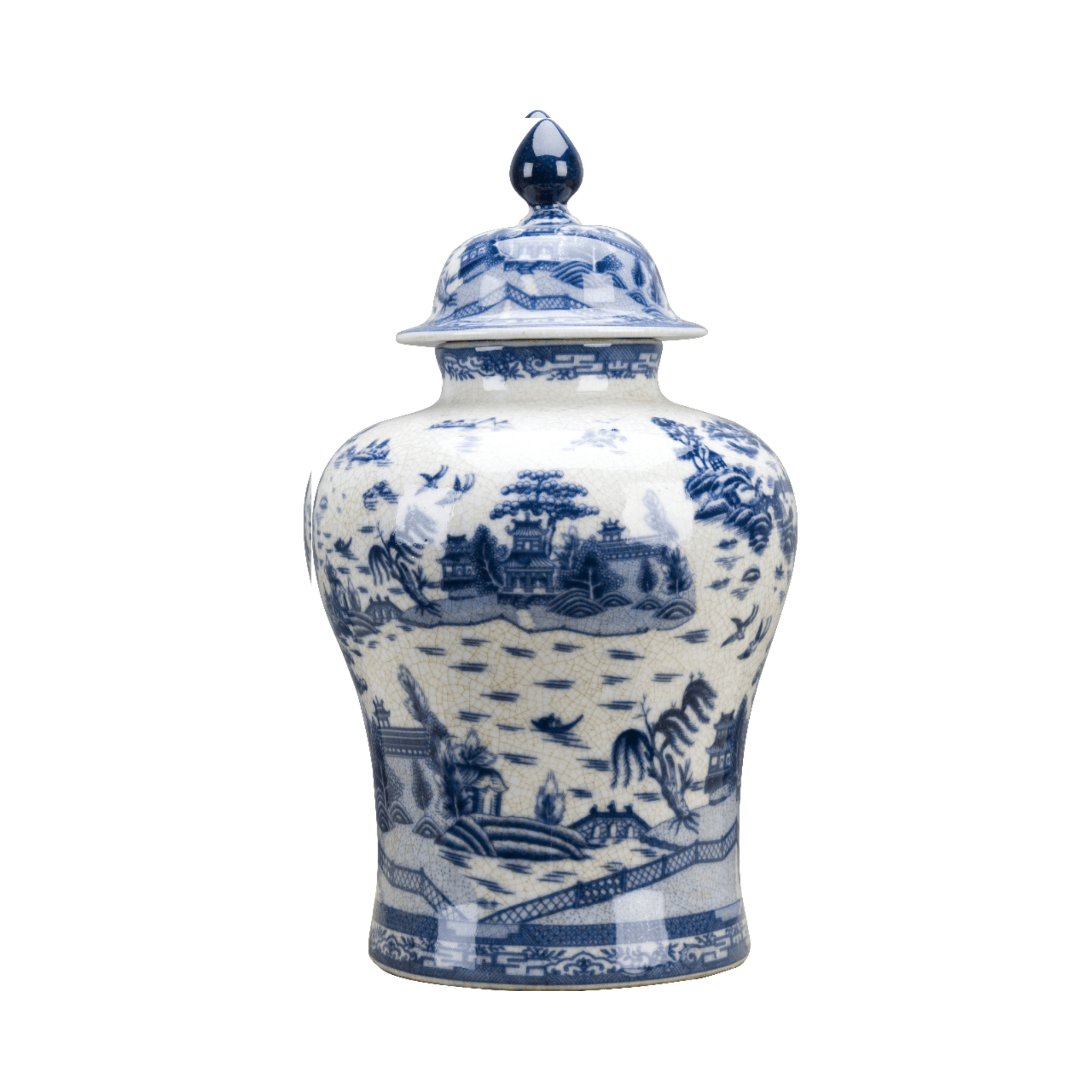 Antique Blue and White Willow Porcelain Round Covered Jar - Vintage Home Decor, Collectible Ceramic Storage Container for Tea, Spices & Kitchen Essentials