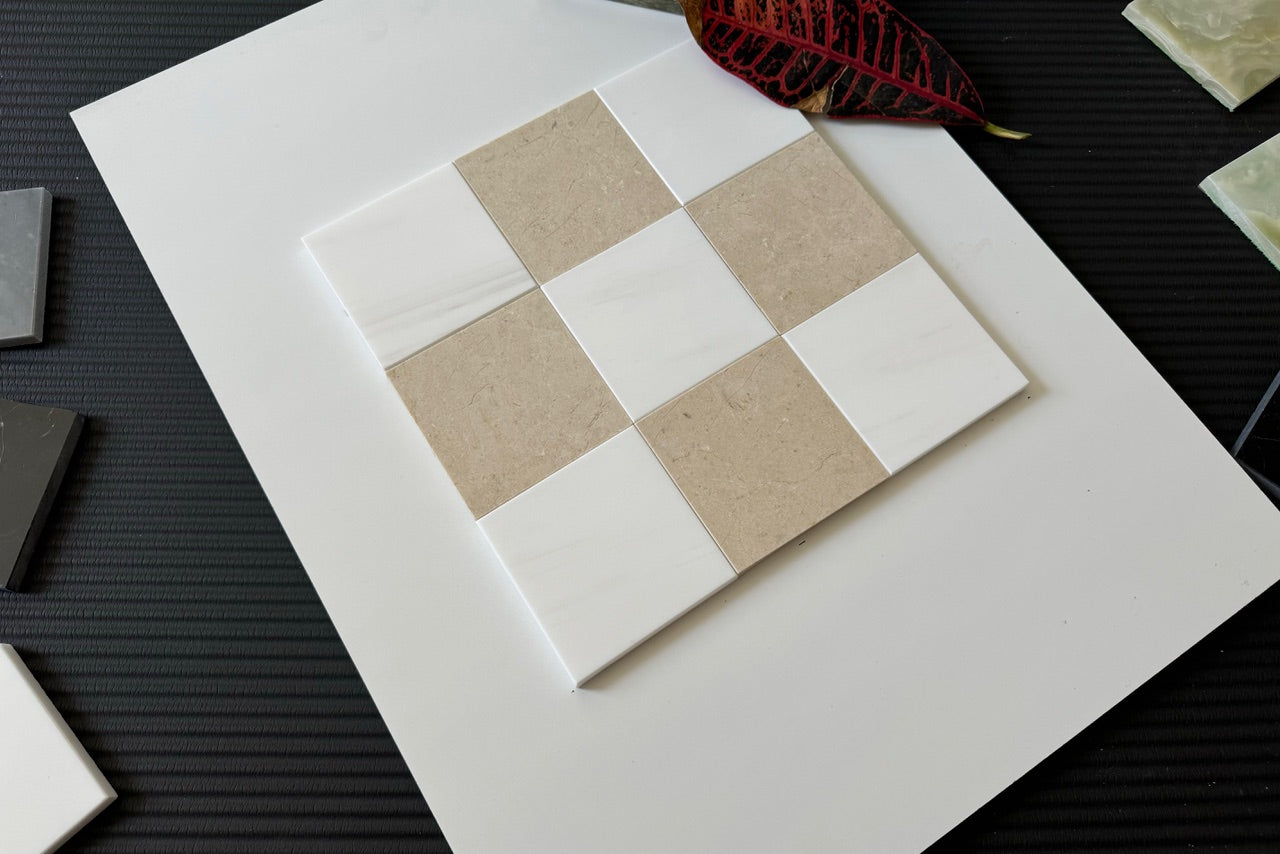 Crema Marfil & Bianco Dolomite Checkerboard Tiles - Polished or Honed Finish - Perfect for Bathroom Floors, Kitchen Backsplash & Luxury Interior Design