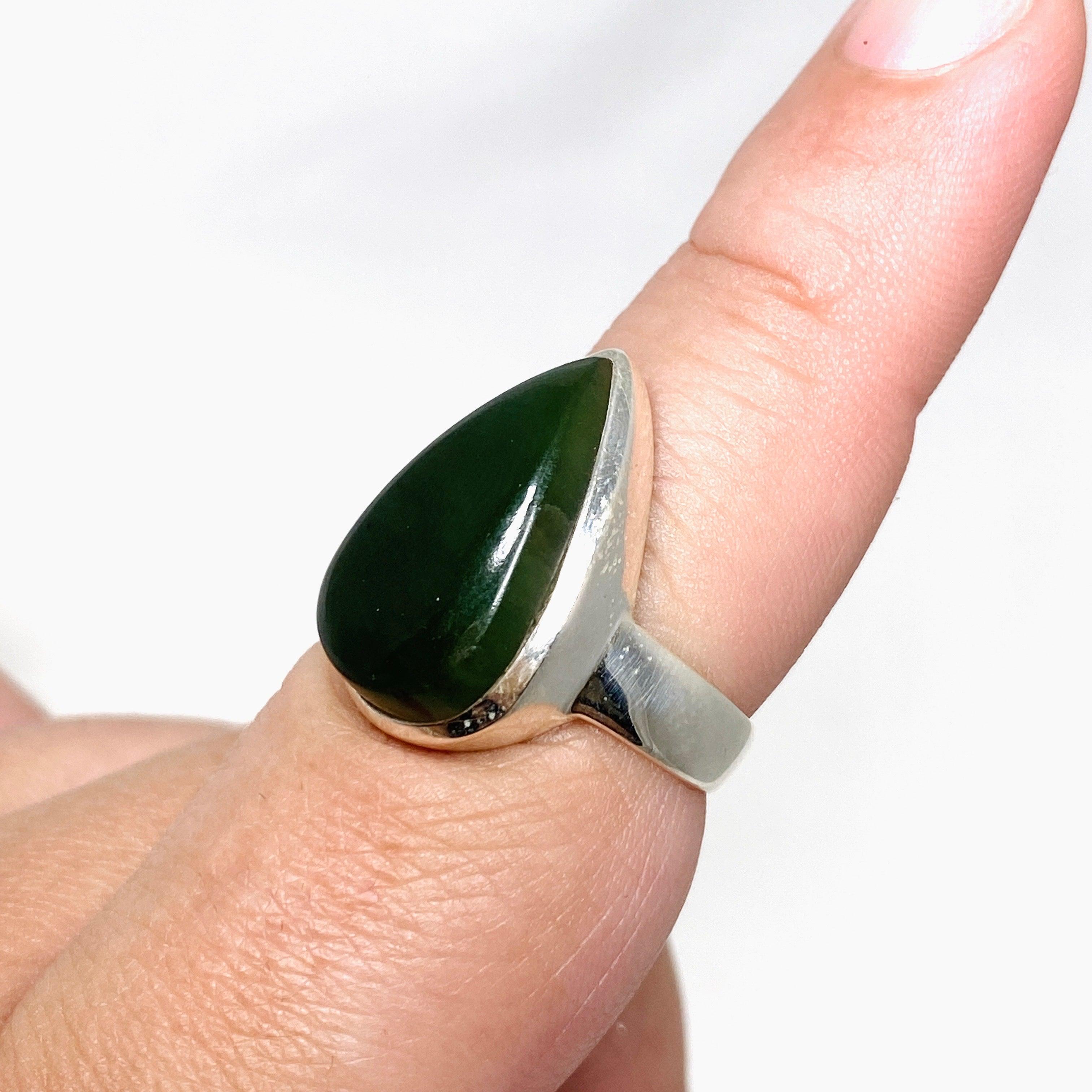 Natural Siberian Jade Nephrite Teardrop Ring - Size 8.5 - Elegant Handmade Jewelry for Women - Perfect for Weddings, Parties & Special Occasions