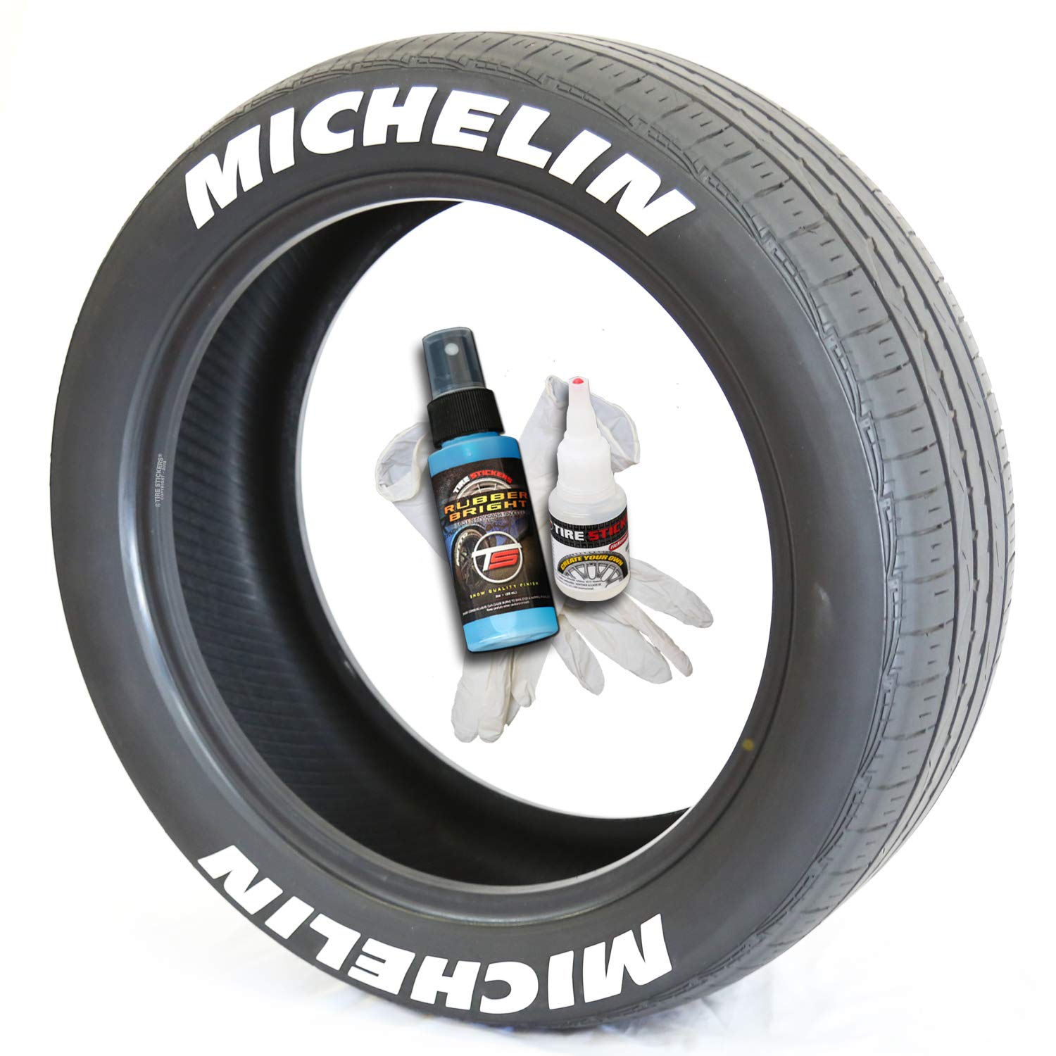 Michelin Tire Lettering Stickers - Permanent White Decals with Glue & 2oz Touch-Up Cleaner for 19-21 Inch Wheels (1.50 Inches, 4 Pack) - Perfect for Car Enthusiasts & Custom Vehicle Styling