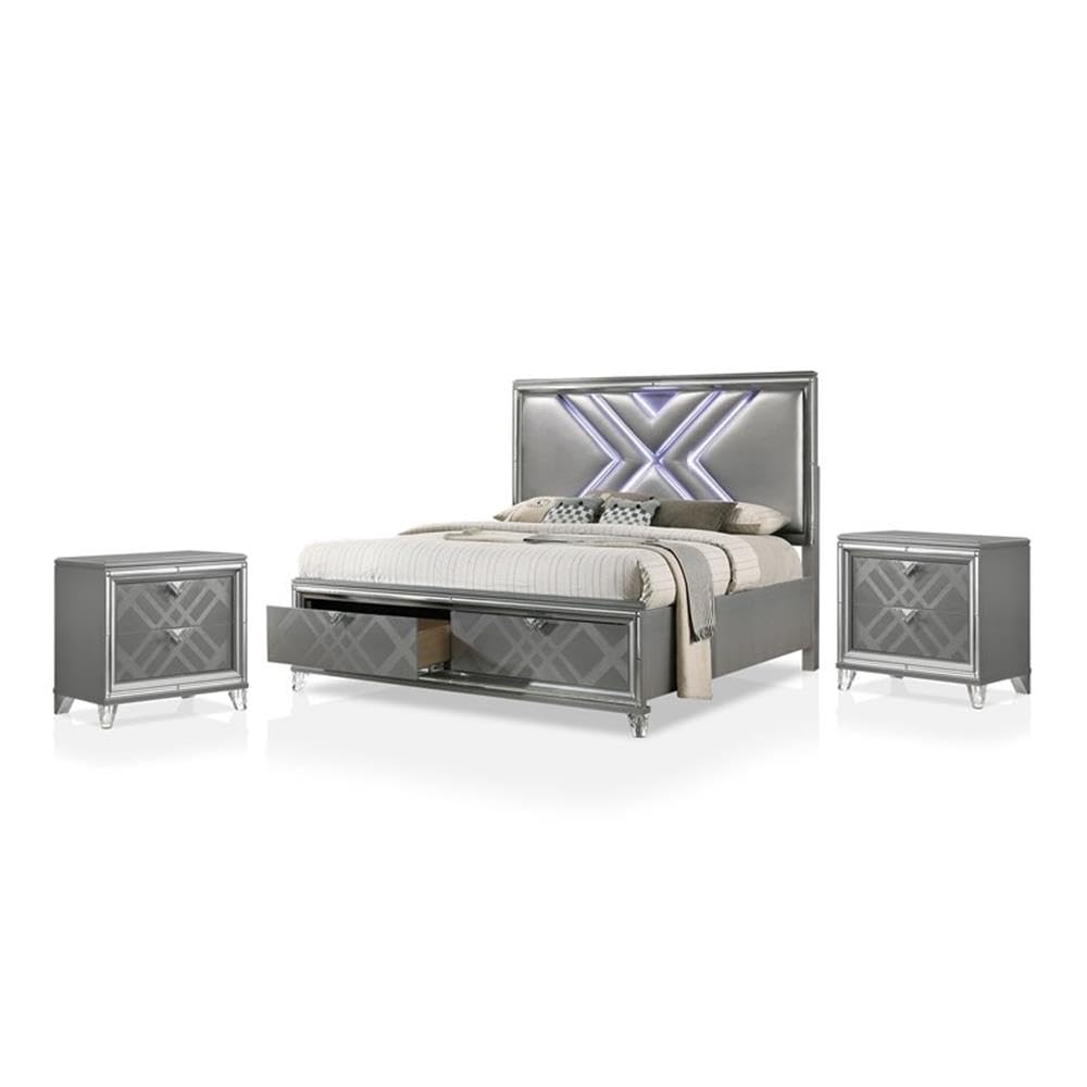 FOA Anaiya 3-Piece Solid Wood Bedroom Set - Queen Bed & 2 Nightstands in Silver Finish | Modern Bedroom Furniture for Home Decor | Perfect for Master Bedrooms & Guest Rooms