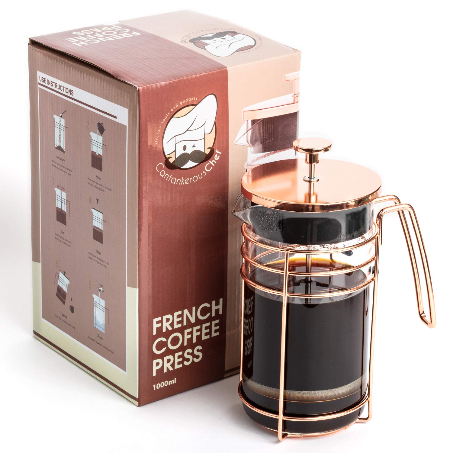 Premium 1000ml French Press Coffee Maker & Tea Brewer - Stainless Steel & Thick Glass with Rose Gold Finish - Perfect for Espresso, Latte & Loose Leaf Tea - Ideal for Home, Office & Camping Use
