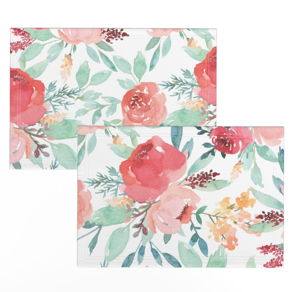 Premium Linen Cotton Canvas Placemats Set of 2 - Large Watercolor Floral Design for Dining Table Decor | Washable & Durable Table Mats for Everyday Use, Parties, and Special Occasions