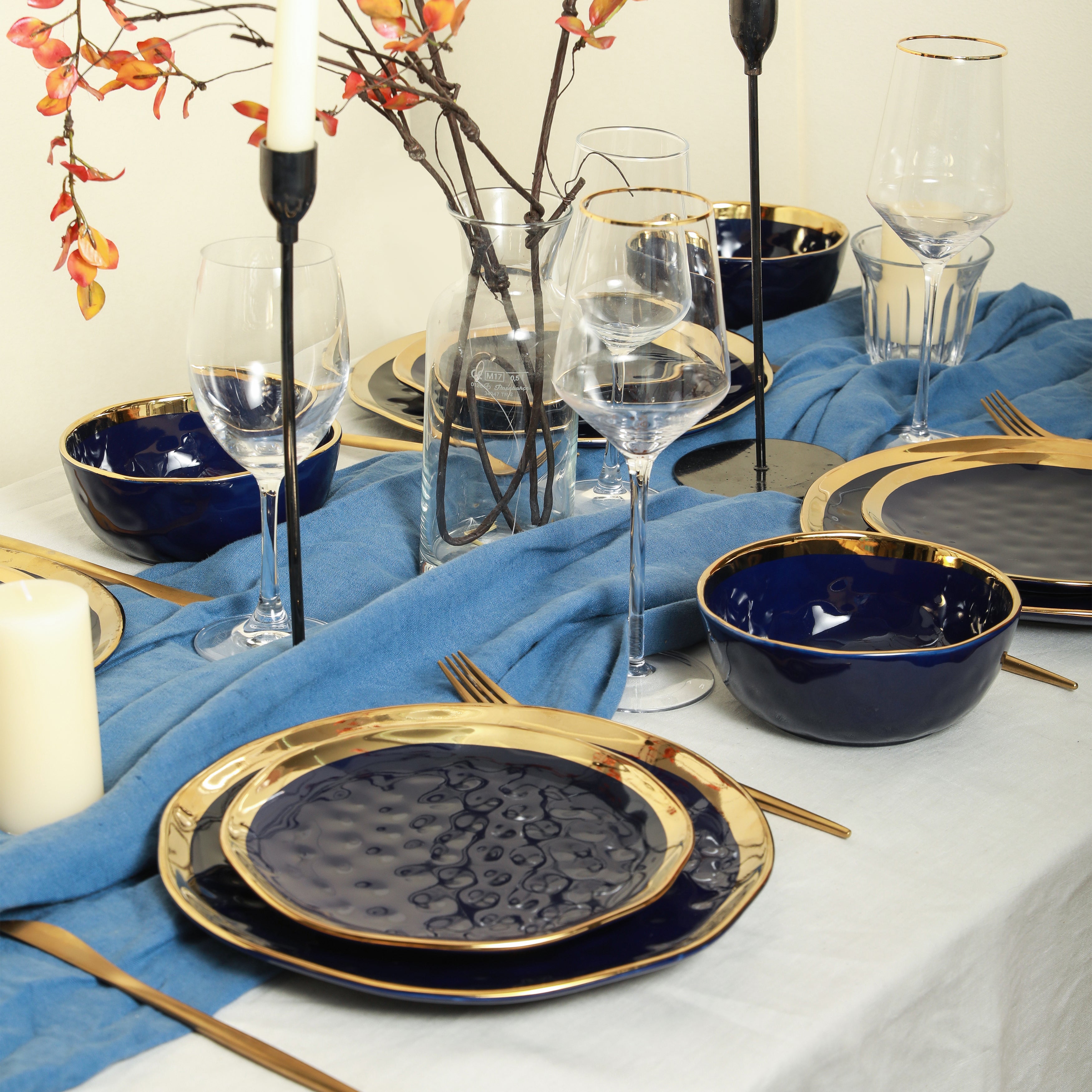 Premium Florian Porcelain Dinnerware Set - Navy Blue 16-Piece Dinner Plate Set for Formal Dining, Wedding Registry & Holiday Entertaining