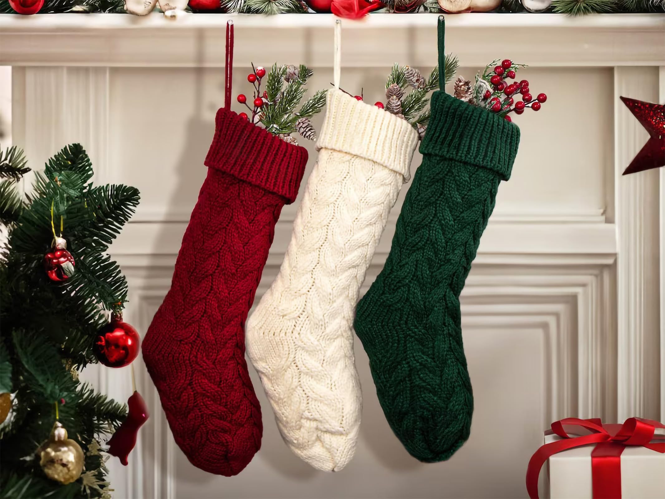 18 Inch Christmas Stockings Bulk 6 Pack - Large Cable Knit Fireplace Hanging Stockings for Family Holiday Decor - Burgundy & Ivory White Xmas Stockings - Perfect for Christmas Party, Home Decor and Gift Giving
