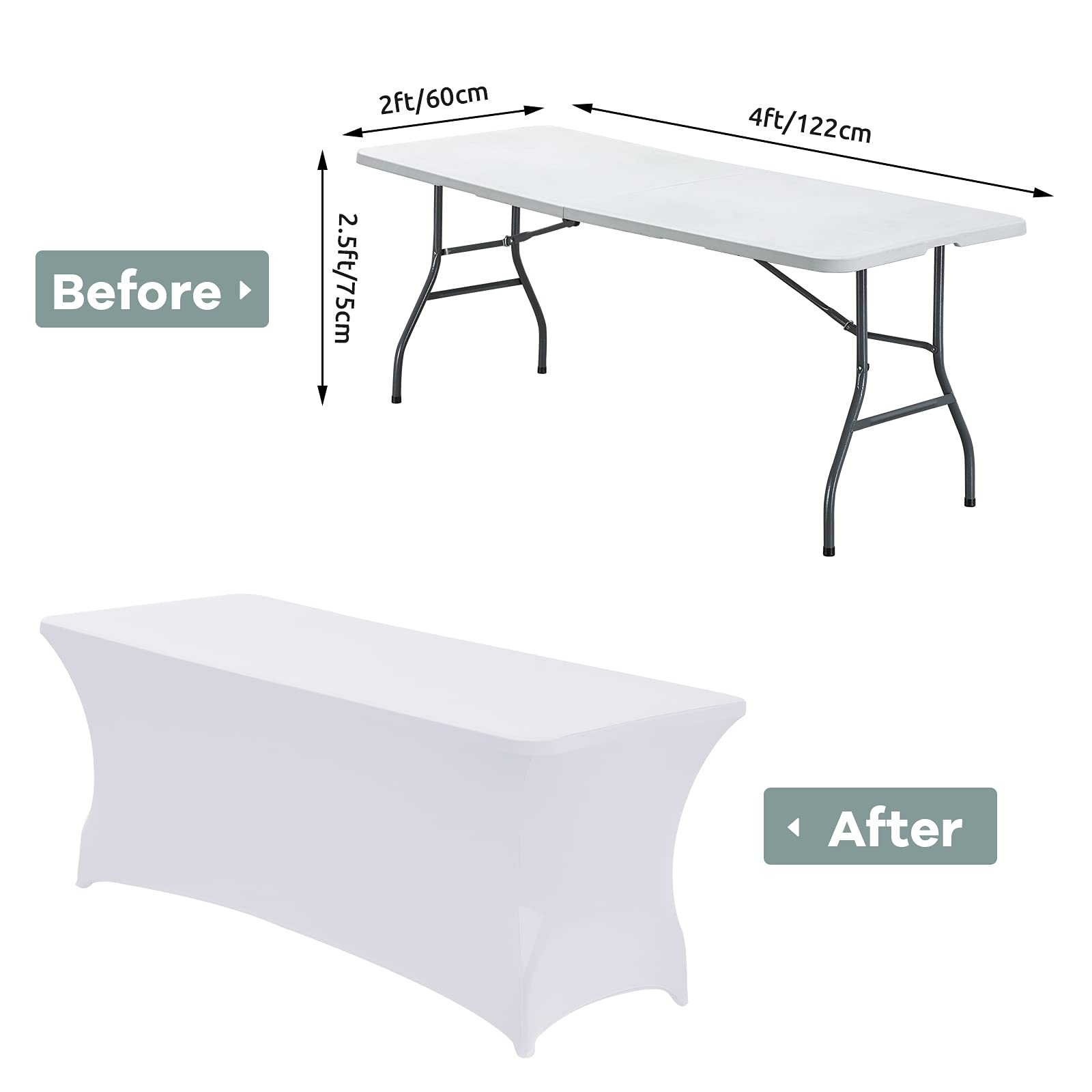 4FT Stretch Spandex Table Cover for Rectangular Tables - Elastic Fitted Tablecloth for Folding Tables, Wrinkle Resistant & Durable - Perfect for Parties, Weddings, Banquets, Events & Home Decor (White)