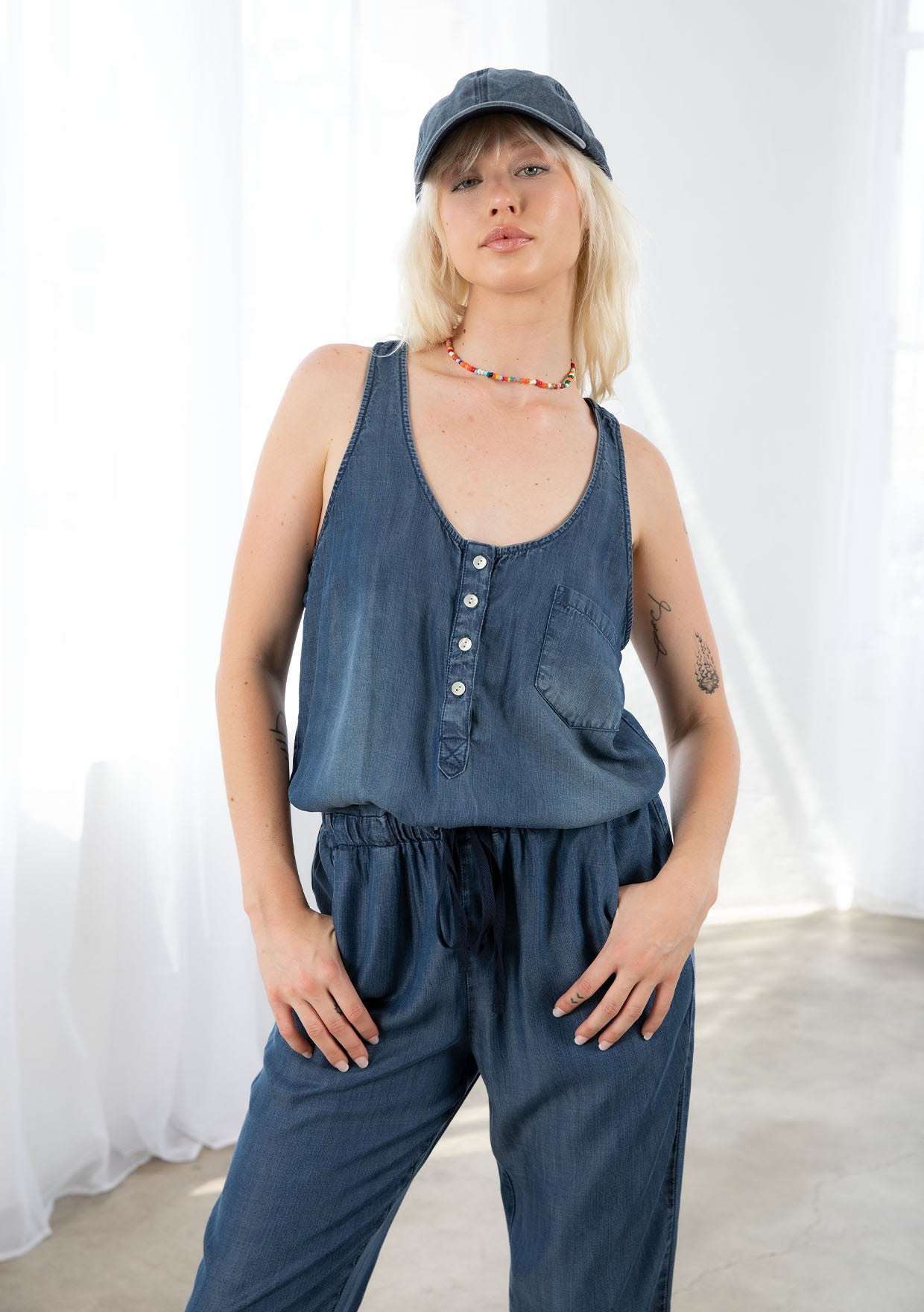 Stylish Button Front Tencel Jumpsuit for Women - Comfortable & Breathable Romper - Perfect for Casual Outings, Summer Travel & Beach Vacations