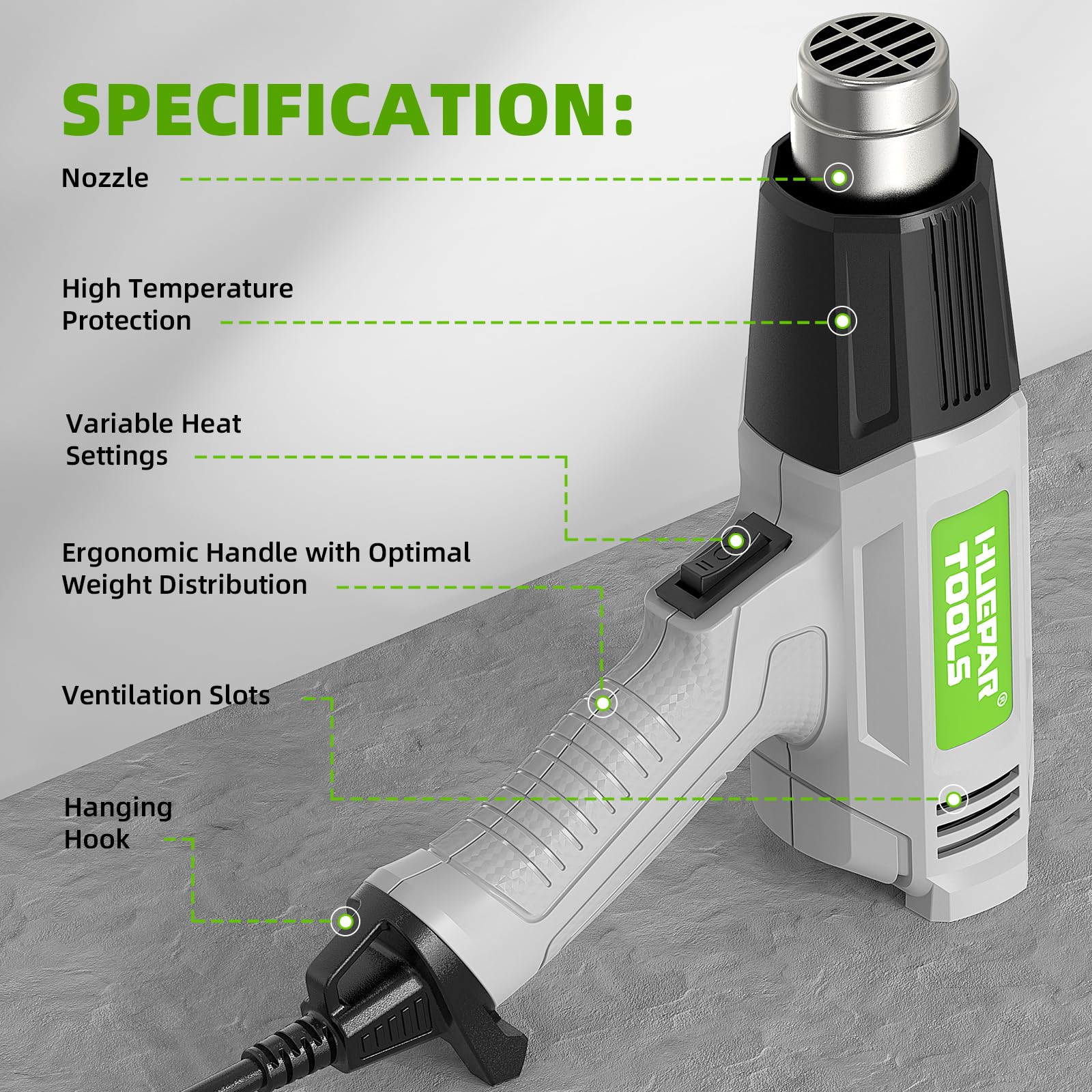 Huepar 1500W Professional Heat Gun with Dual Temperature Settings (752°F & 1022°F) - 4 Nozzles Included for Crafts, PVC Shrinking, Paint Stripping - Overload Protection & Fast Heating for DIY Projects, Home Repairs & Industrial Use