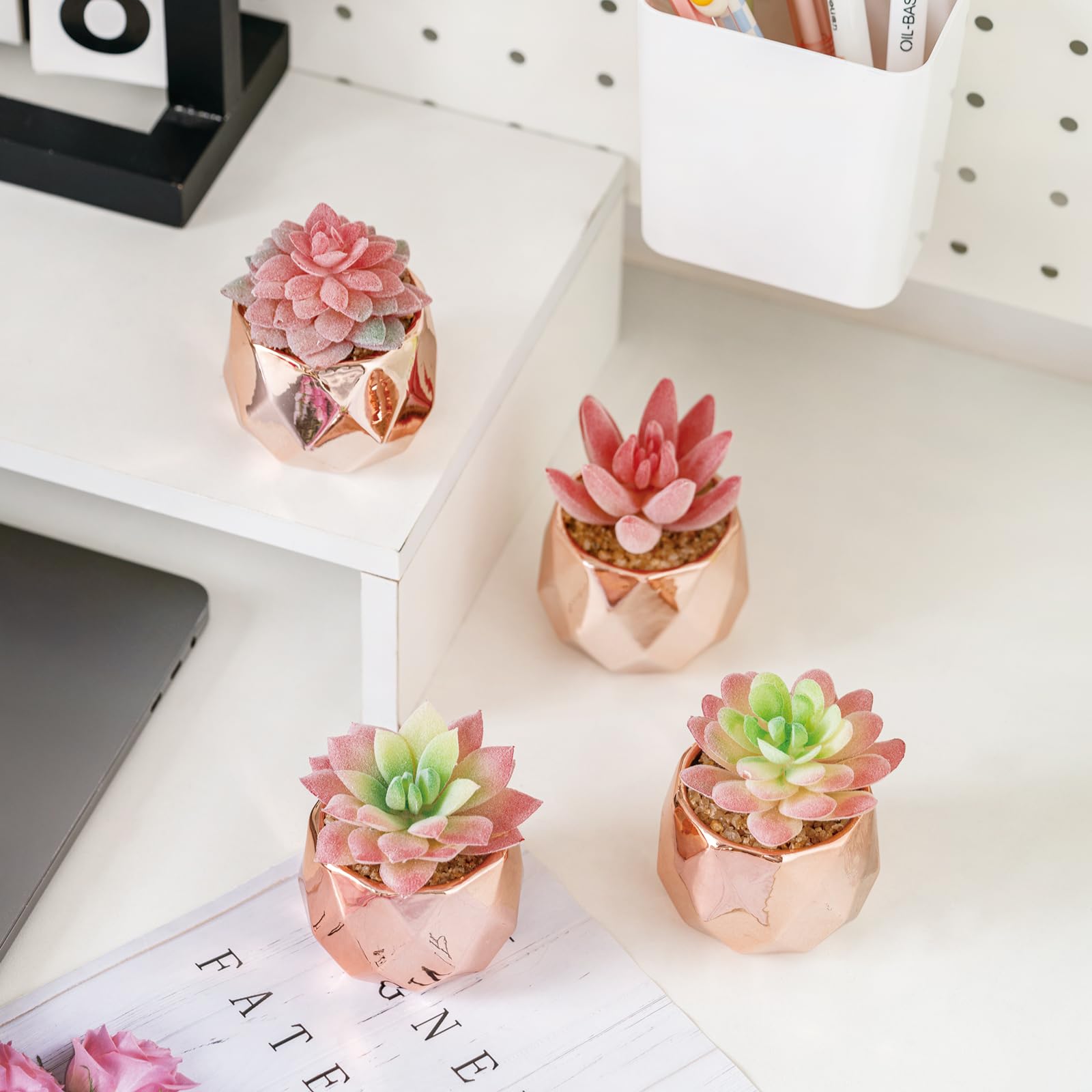 4 Pack Mini Rose Gold Artificial Succulents in Pots - Realistic Fake Plants for Home Office Desk Decor, Window Sill, Bathroom & Bedroom - Perfect Gift for Women & Plant Lovers