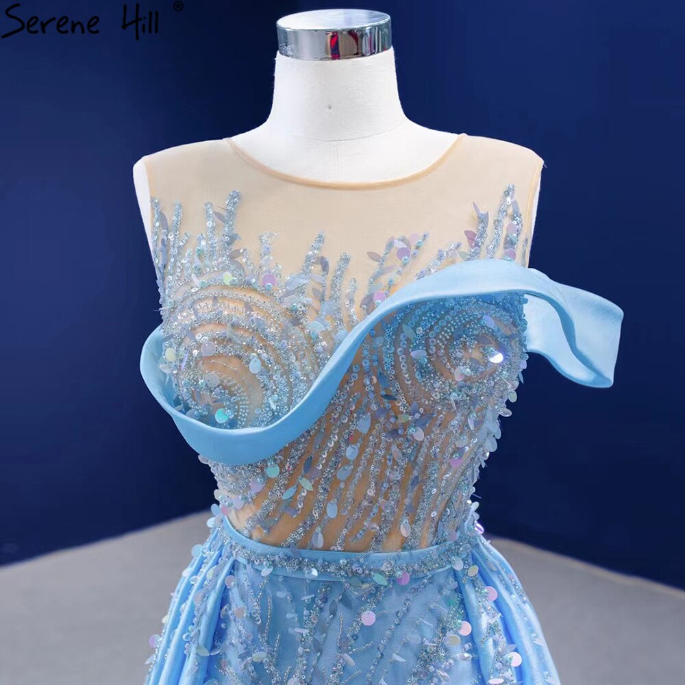 Elegant Blue Mermaid Evening Gown with Beaded Detail - Luxury Satin Formal Dress for Women - Perfect for Prom, Wedding, and Black Tie Events - Serene Hill HM67366