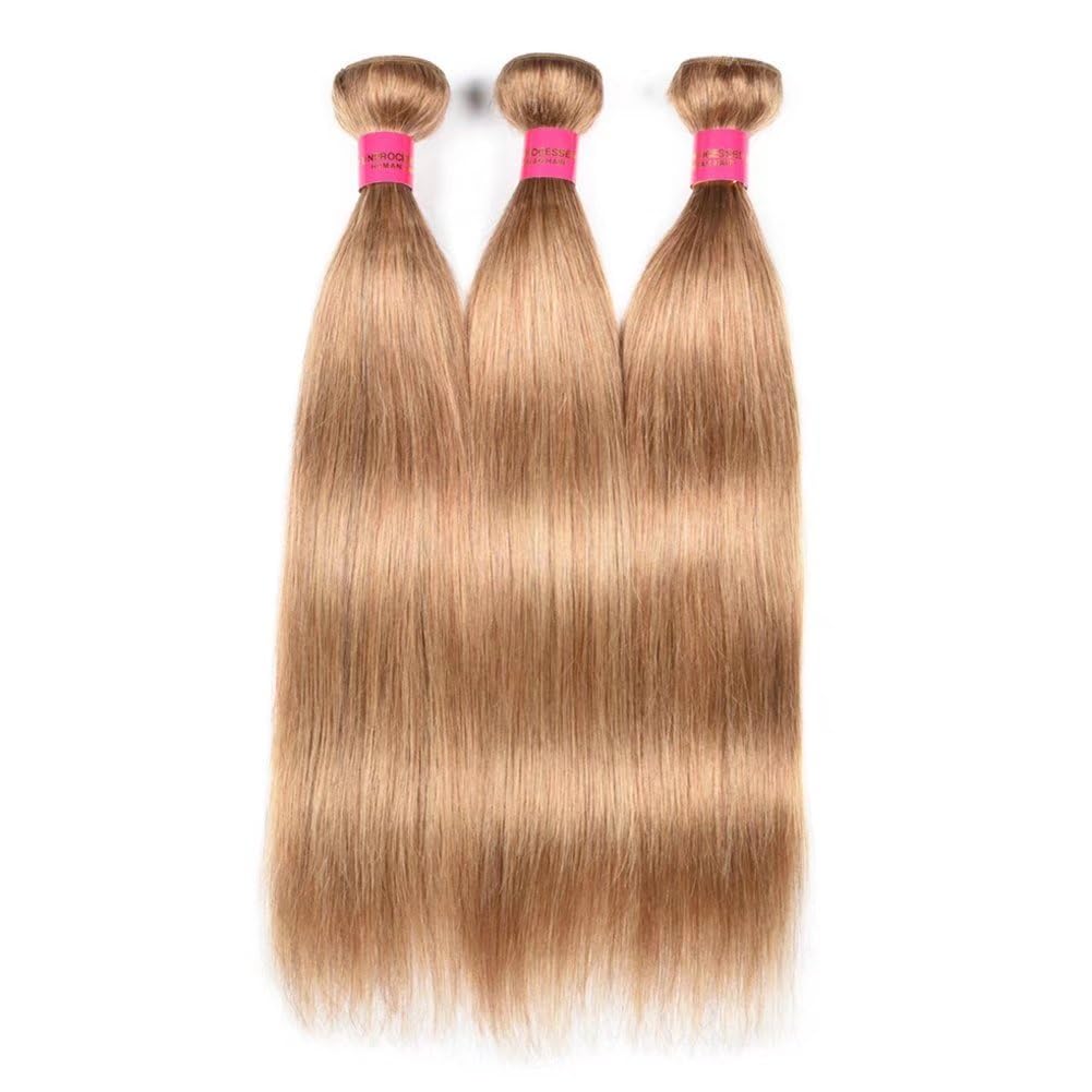 FEEL ME Honey Blonde Brazilian Hair 3 Bundles - Unprocessed Virgin Straight Human Hair Extensions 8A Grade - Color #27 (10 12 14 Inch) - Perfect for Daily Styling, Parties & Special Occasions