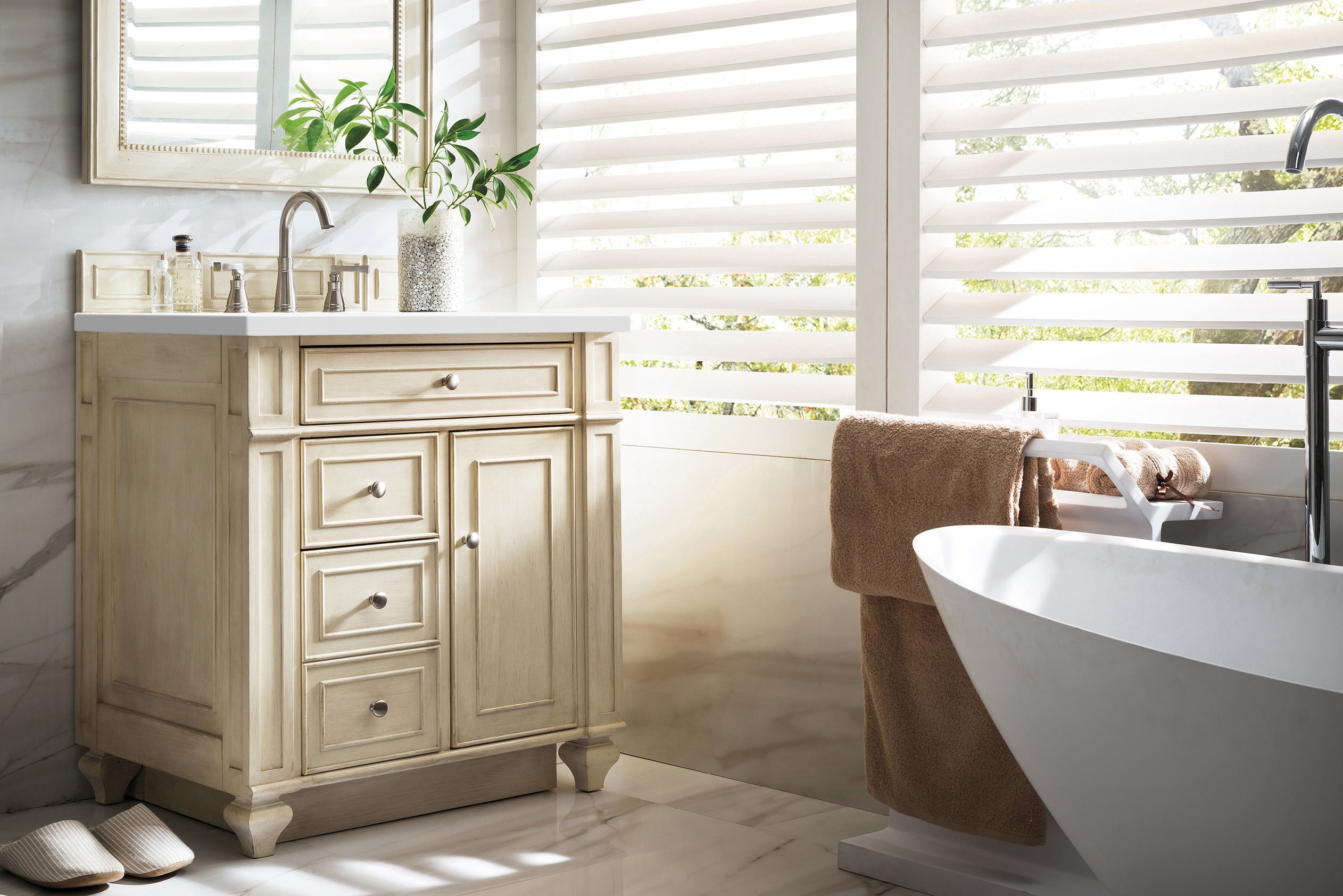Bristol 30-Inch Single Bathroom Vanity Set with 3CM Classic White Quartz Countertop - Vintage Vanilla Finish for Modern & Traditional Bathrooms
