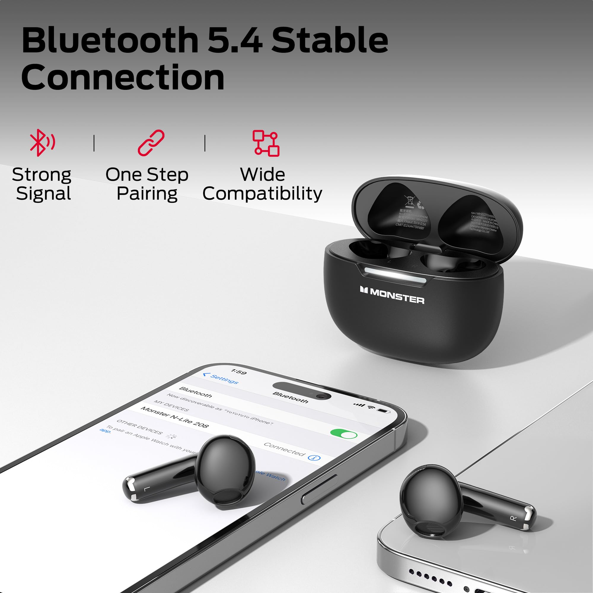 Monster N-Lite 208 Wireless Earbuds - 30H Playtime, Fast Charging & Clear Call for Running & Workouts