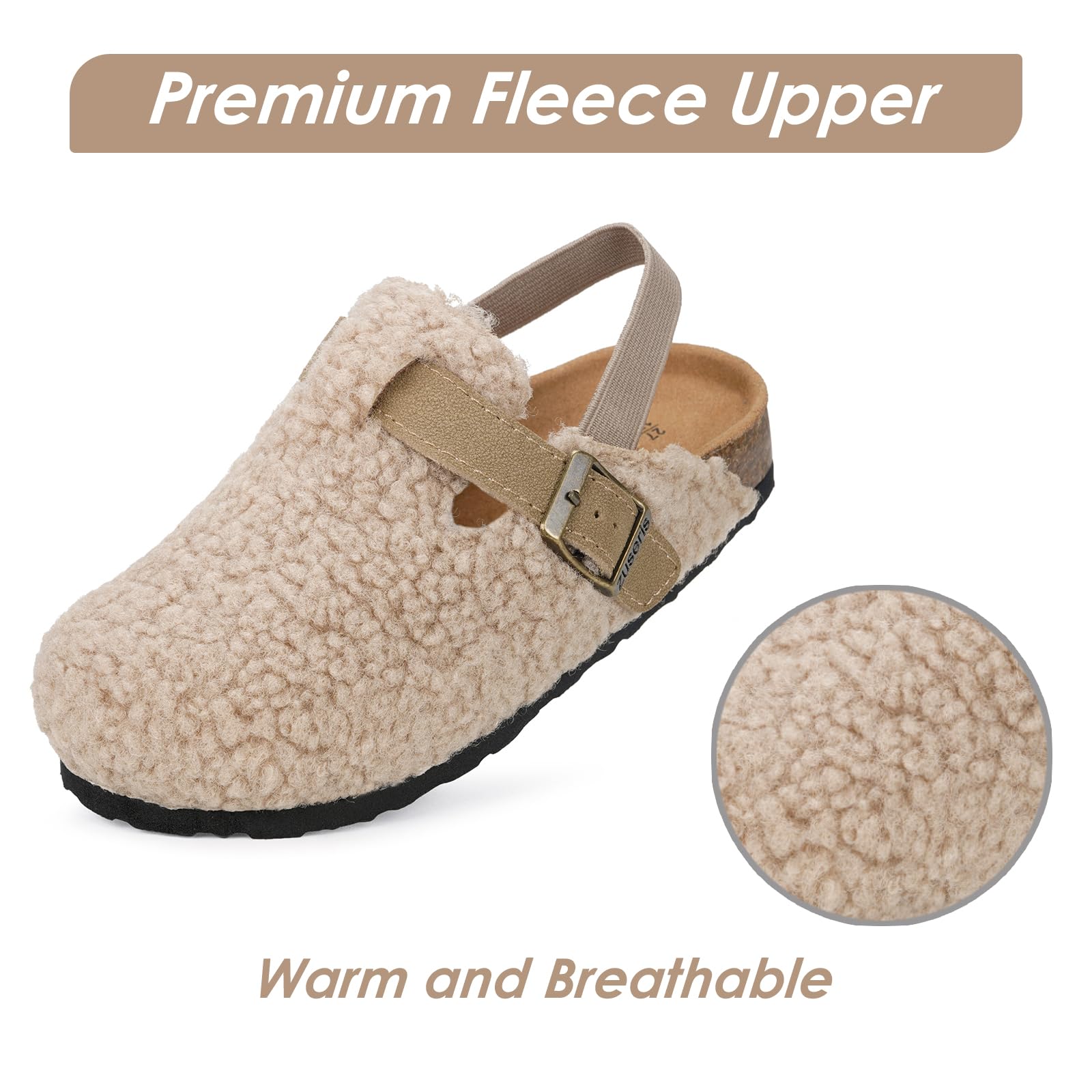 **Toddler Fuzzy Clog Slippers for Boys & Girls - Adjustable Strap, Cork Footbed, Fleece-Lined Mules - Perfect for Indoor Play, Preschool & Cozy Home Wear**
