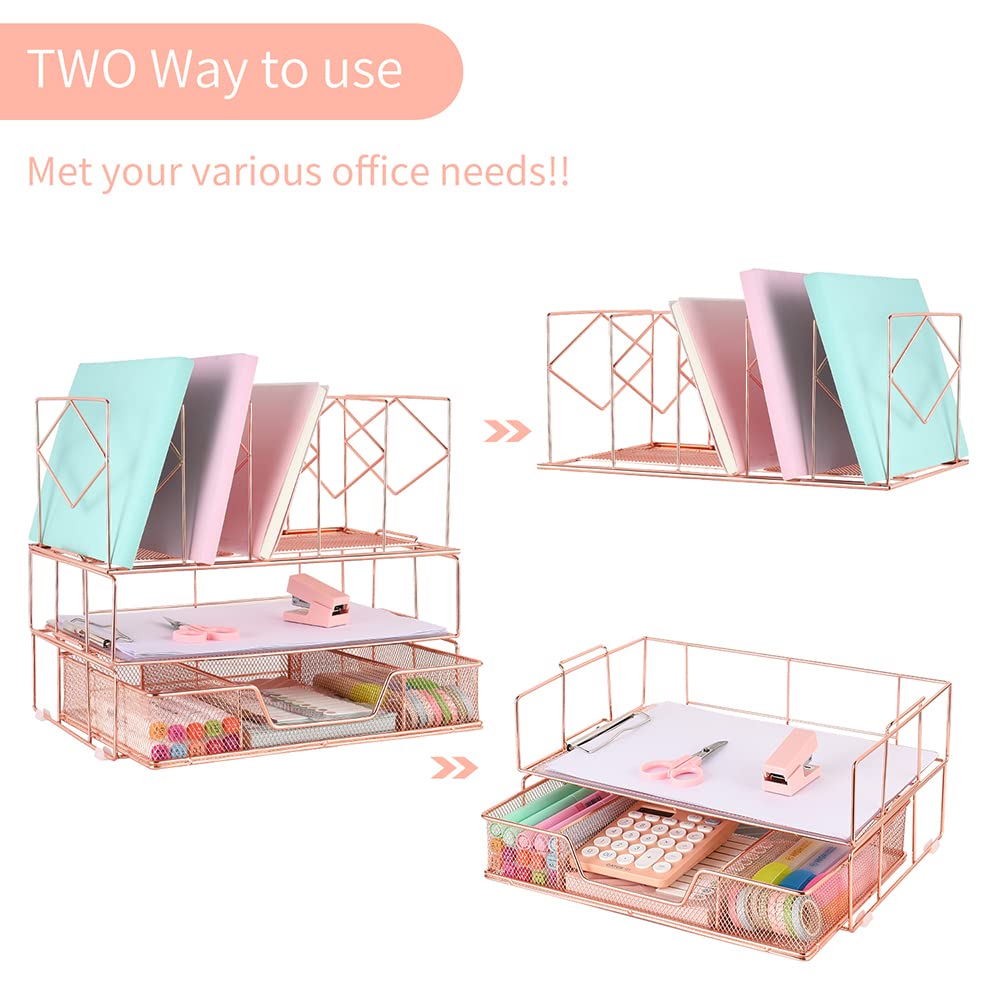 Youbetia Rose Gold Desk Organizer with File Sorters & Drawer - Office Desk Accessories Set for Workspace Organization | Perfect for Home Office, Study & Workspace Efficiency