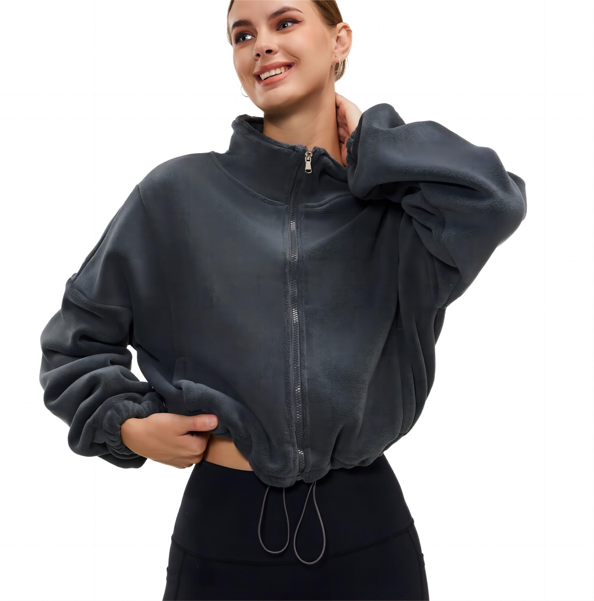 Women's Winter Fleece Sherpa Cropped Bomber Jacket - Oversized Cozy Sweatshirt for Cold Weather - Perfect for Casual Outfits, Streetwear & Outdoor Activities