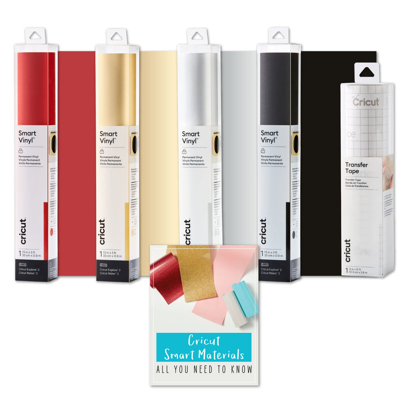 Premium Cricut Smart Vinyl Shimmer Bundle - Black, Gold, Red & Silver | Permanent Adhesive Vinyl for DIY Crafts, Home Decor, Signs & Decals | Perfect for Cricut Machines, Silhouette & Vinyl Cutting Projects
