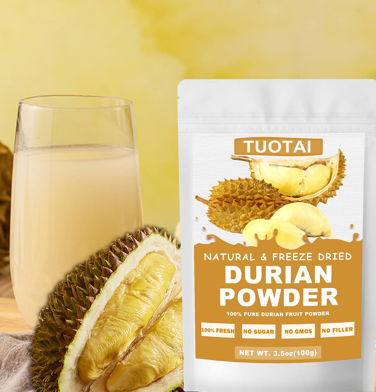 Premium Freeze-Dried Durian Powder - 100% Natural Durian Fruit Powder, 3.5oz for Smoothies, Baking & Healthy Drinks - Perfect for Desserts, Protein Shakes & Asian Cuisine