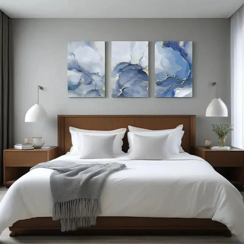 3-Piece Blue and Gold Abstract Metal Wall Art Prints - Ready to Hang Modern Home Decor for Living Room, Bedroom & Office