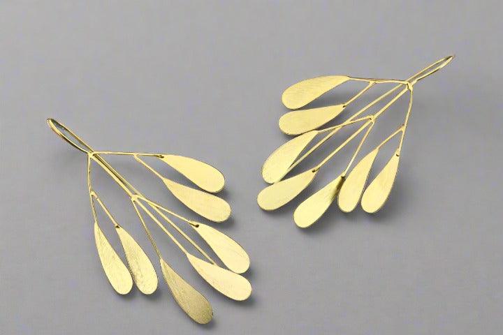 7 Leaf Branch Earrings - Gold on Silver Dangle Earrings for Women, Elegant Nature-Inspired Jewelry for Parties, Weddings & Everyday Wear