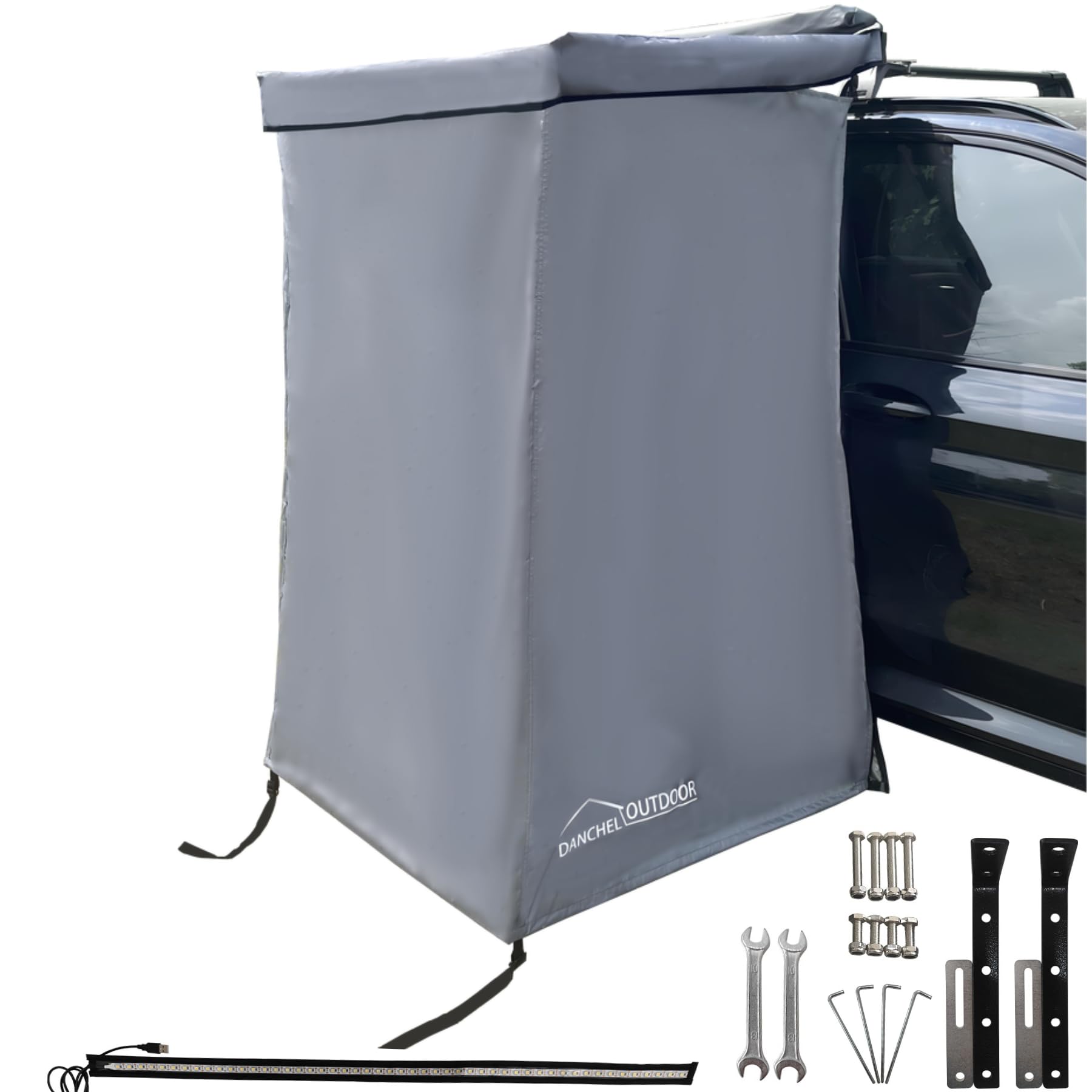 DANCHEL OUTDOOR Portable Car Shower Tent for Overland Camping - 3.3x3.3ft Waterproof Privacy Shower Awning with LED Light & 4 Enclosures | Changing Room for Beach, Off-Road & RV Trips | Gray Camping Shower Shelter for Outdoor Adventures