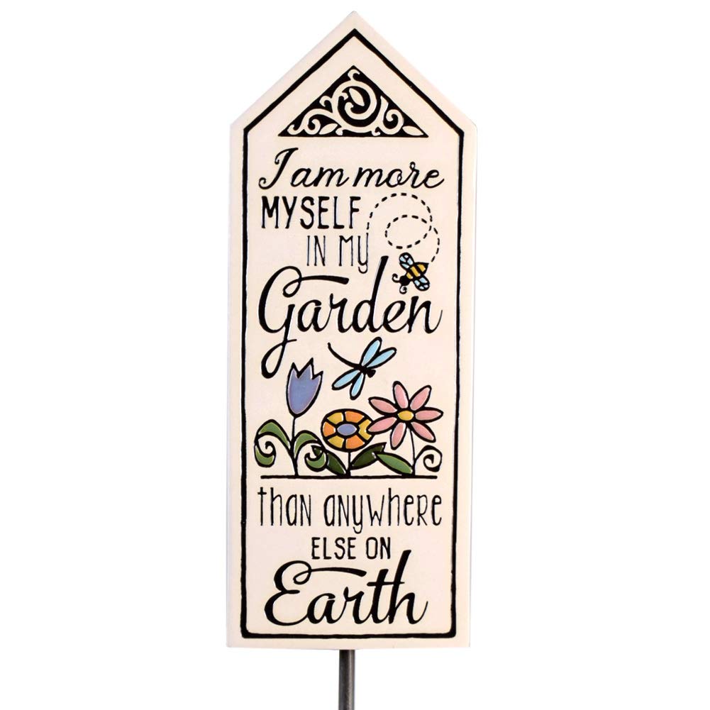Ceramic Art Tile Garden Stake with 'I'm More Myself in My Garden' Quote, American Made, Perfect for Outdoor Decor and Garden Inspiration