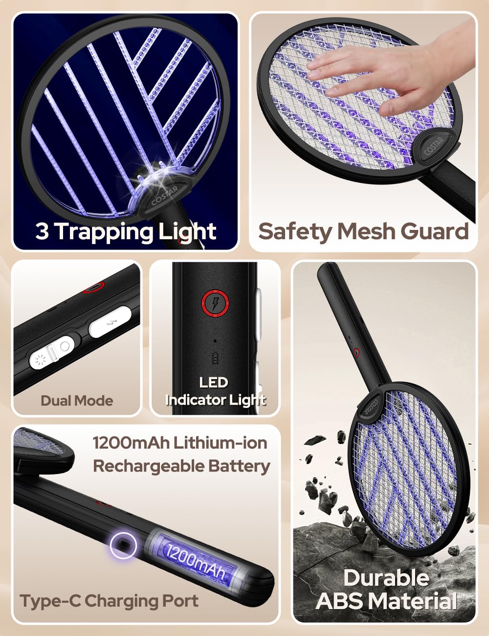 COSTAR Rechargeable Foldable Mosquito Bat with UV Light - 2-in-1 Electric Fly Swatter & Bug Zapper, 1200mAh Long-Lasting Battery, Rotatable Design (Black) - Perfect for Indoor/Outdoor Pest Control in Homes, Camping & Travel