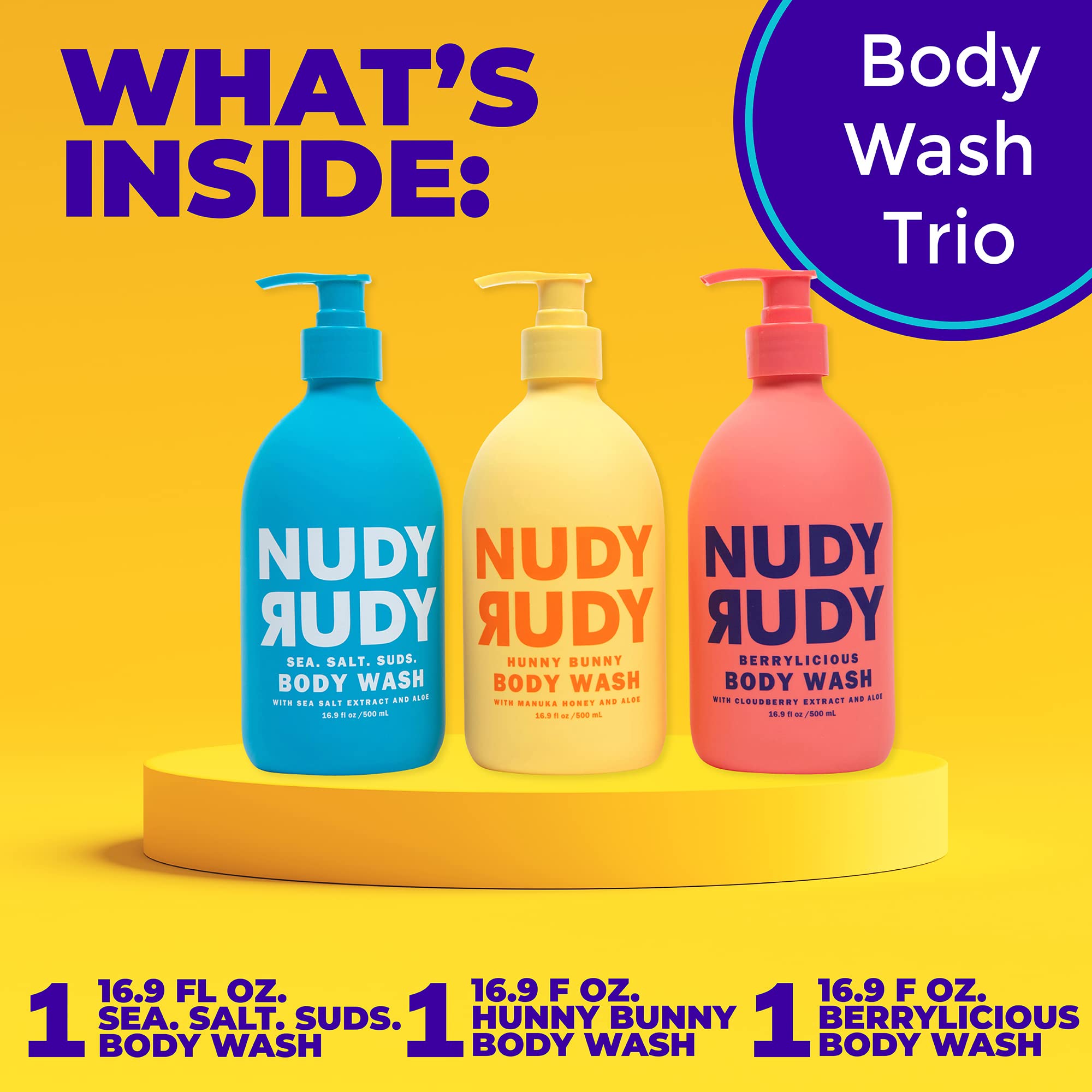 3 Pack Moisturizing Body Wash Set - Sea Salt, Berrylicious & Manuka Honey Aloe (16.9 fl oz) | Vitamin E Enriched Shower Gel for Men & Women | Hydrating Skin Care for Daily Use, Gym & Spa Days