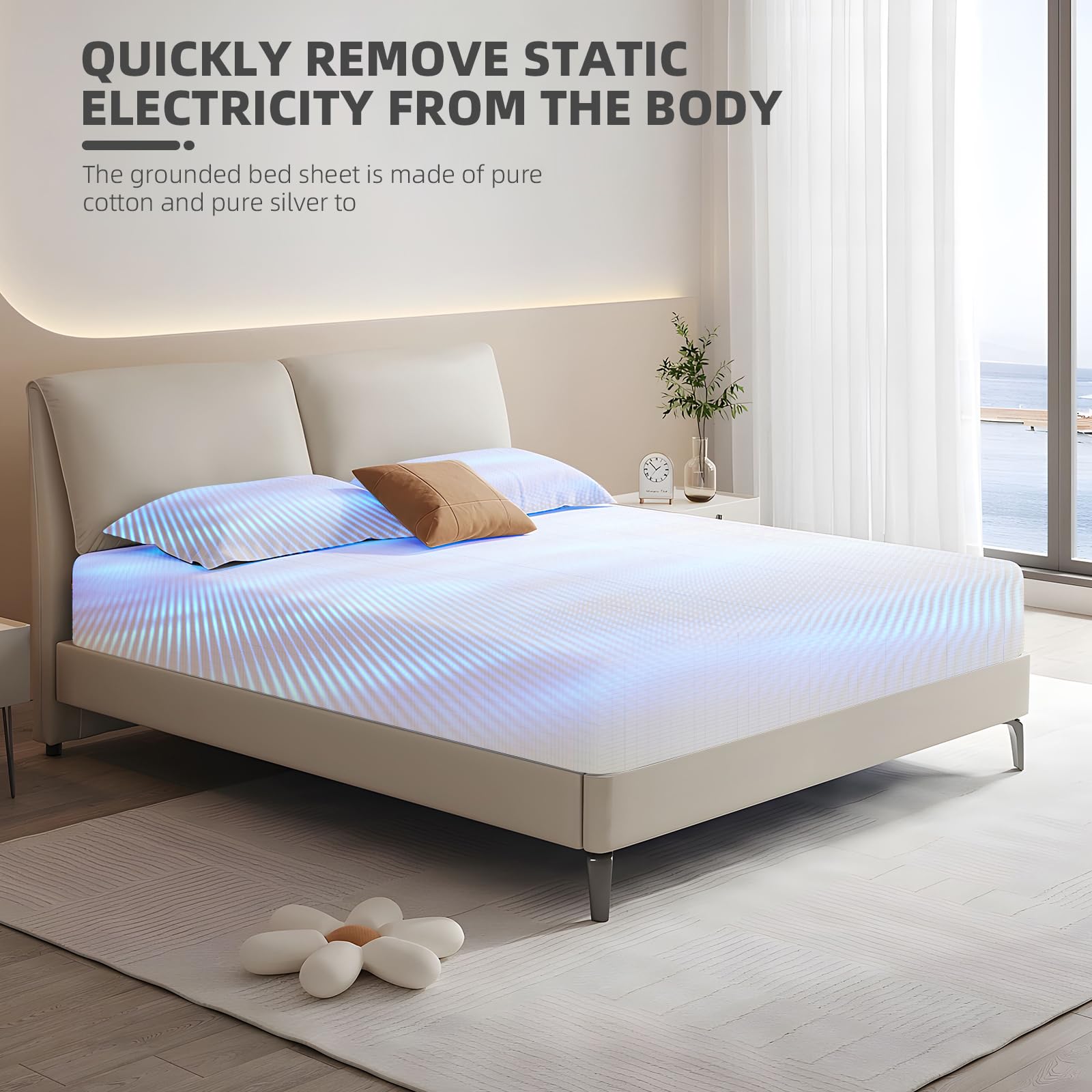 HLLBLL® Grounding Fitted Sheets - 90% Cotton 10% Silver Conductive Bed Sheet with Static Grounding Wire, Includes Test Pen & Socket Tester (Beige, Queen Size) for Better Sleep & EMF Protection - Perfect for Home, Travel & Sensitive Sleepers