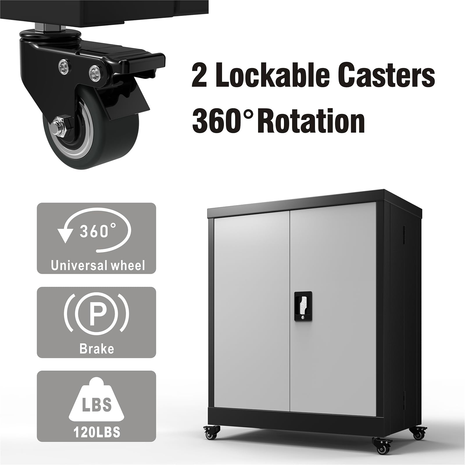 Metal Storage Cabinet with Wheels & Lockable Doors - Adjustable Shelf Steel Garage Cabinet for Office, Home, Classroom - Heavy Duty Black & Grey Storage Organizer for Tools, Supplies & Equipment