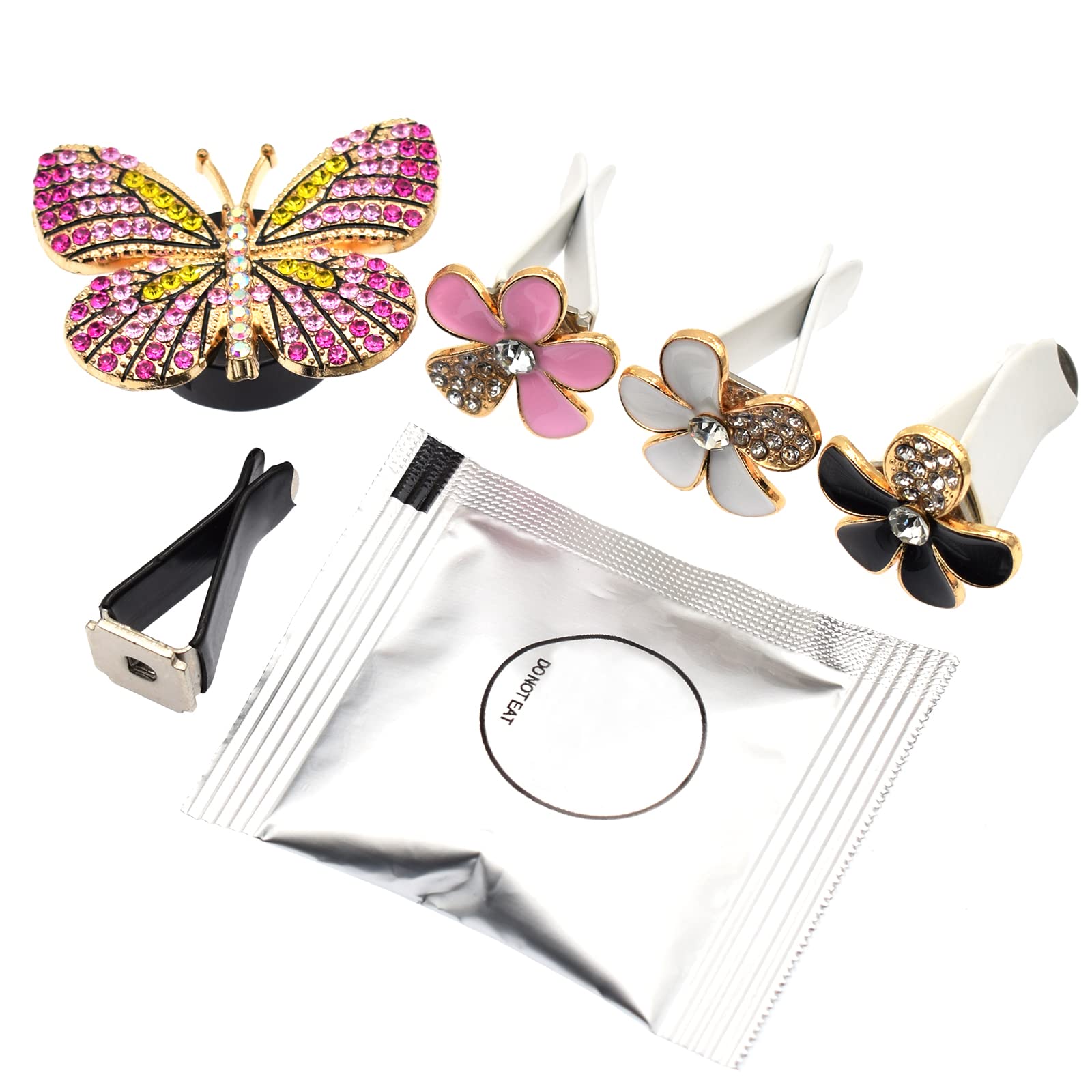 4PCS Bling Butterfly Car Air Vent Clips - Pink Butterfly & 3 Flower Decorations, Aromatherapy Air Freshener for Women - Perfect for Car Dashboard Decor & Home Fragrance