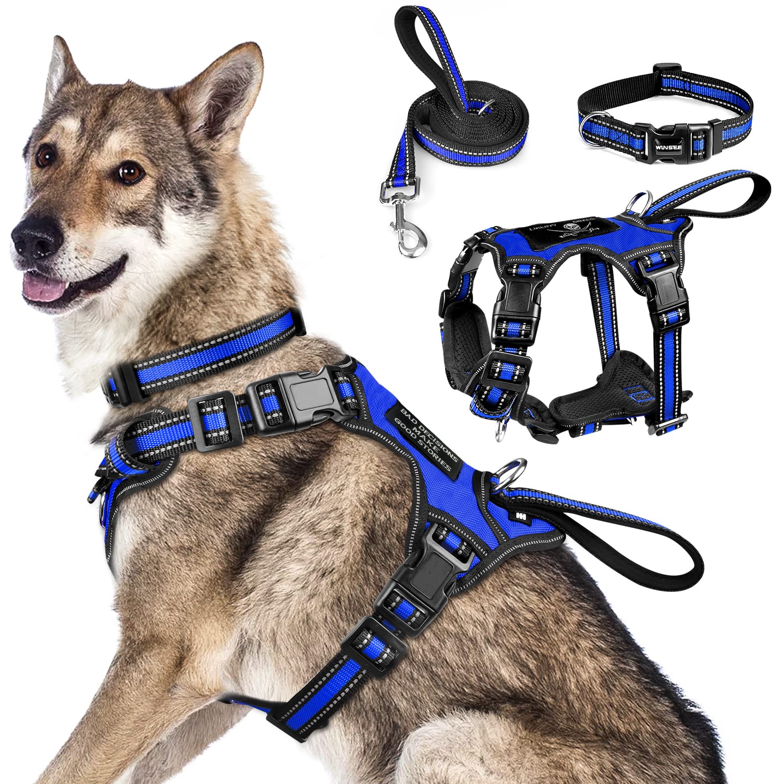 WINSEE Reflective No-Pull Dog Harness with Adjustable Collar and Leash Set - Adjustable Buckles for Puppies, Small, Medium, Large & X-Large Dogs (Dark Blue) - Perfect for Walking, Training & Outdoor Adventures