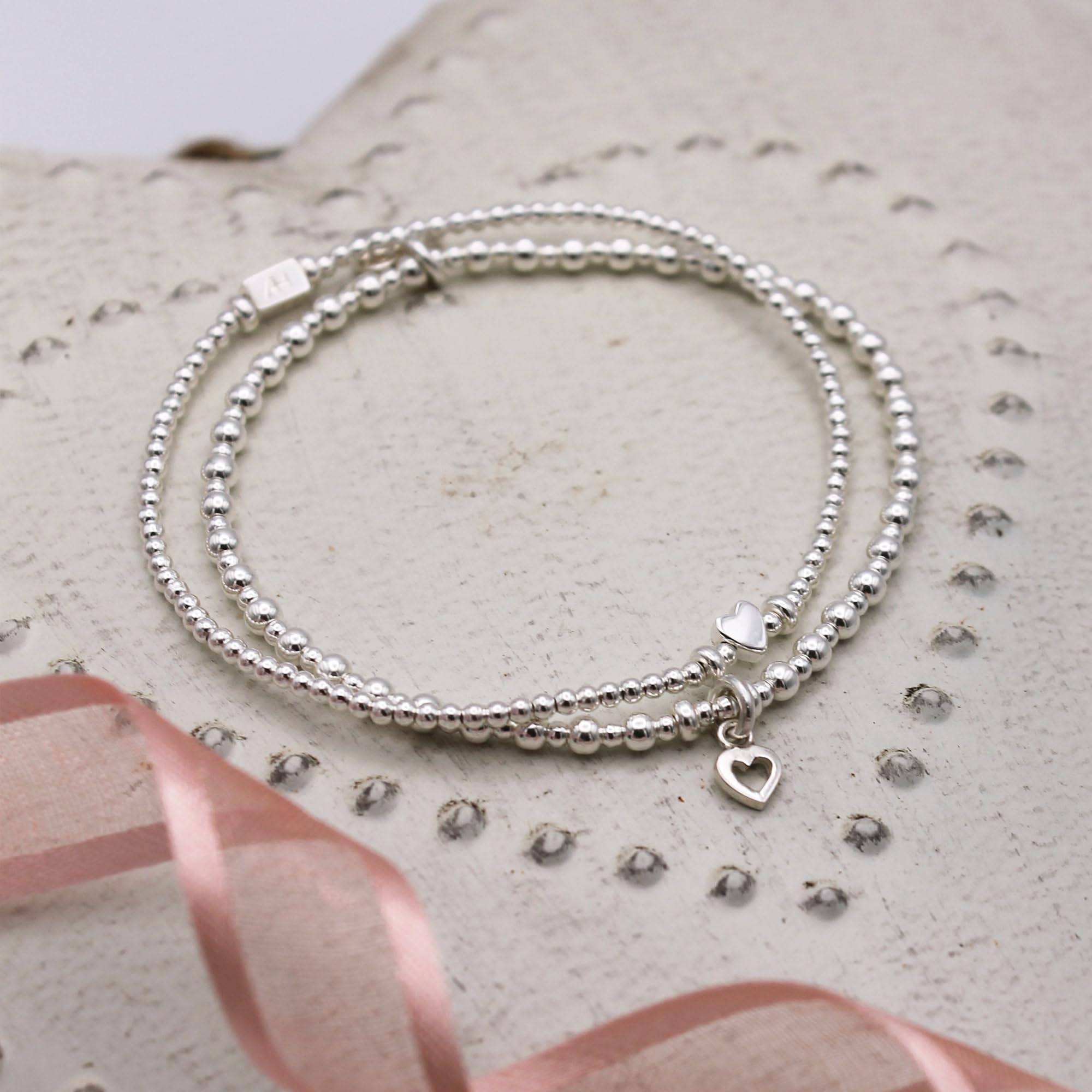 Annie Haak Love Stack Two Bracelets - 925 Sterling Silver Open Heart & Boxed Heart Charms - Anniversary, Mother's Day, Birthday Gift for Women/Wife/Friend - Handmade in UK Jewelry - Perfect for Romantic Occasions & Special Celebrations