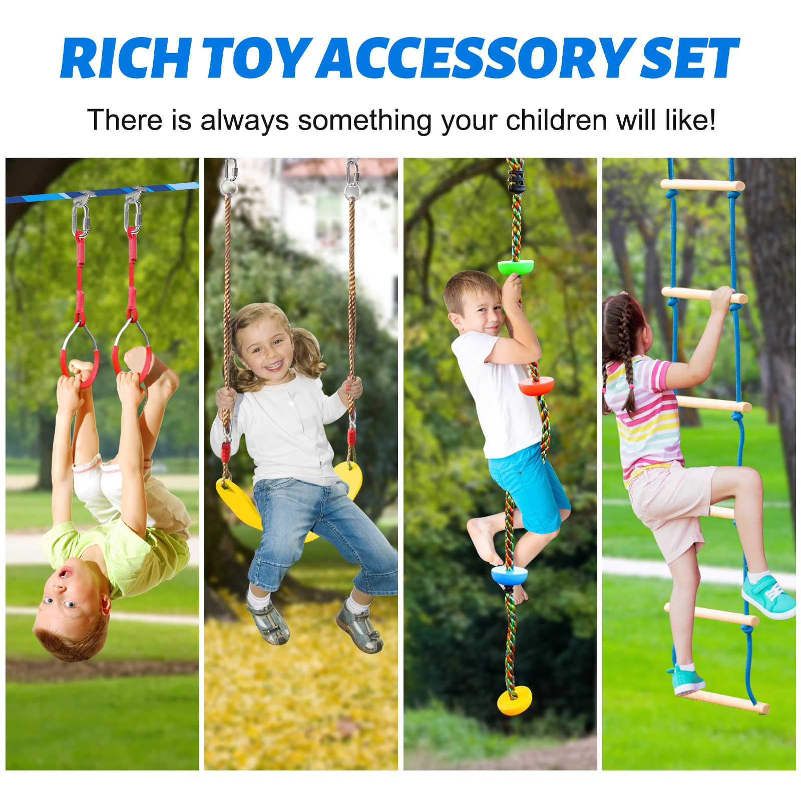 Perantlb Ninja Warrior Obstacle Course for Kids - 50ft Slackline Kit with 12 Accessories (Swings, Rope Ladders, Rings) | Outdoor Backyard Play Set for Strength Training & Adventure Fun