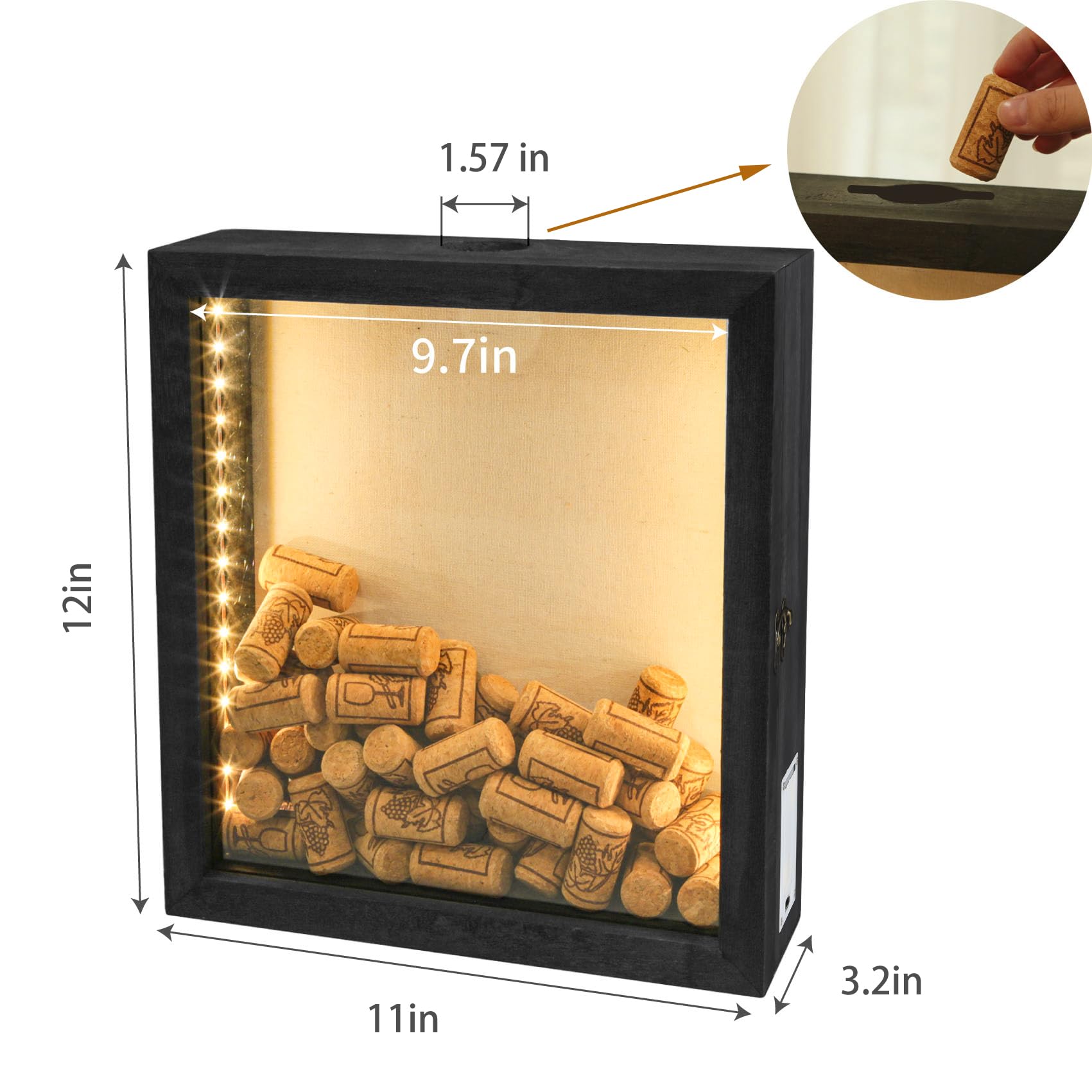 Romingo 11x12 Inch LED Shadow Box Frame - Wine Cork Display Case with Lights for Keepsakes, Memorabilia, Awards & Photos (Black) | Perfect for Home Decor, Wedding Gifts & Memory Preservation
