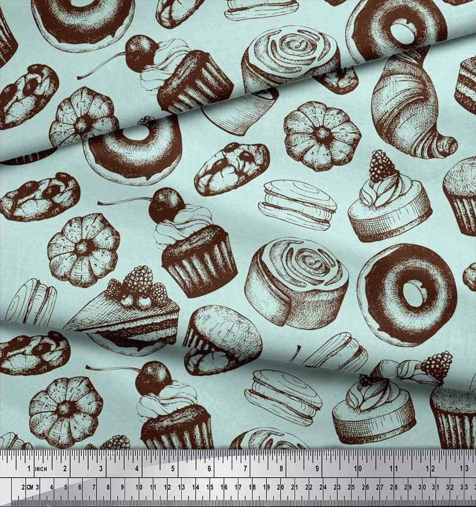 Soimoi Viscose Chiffon Fabric - 42 Inch Wide Green Printed Fabric with Cupcake, Donut & Cookies Food Pattern - Perfect for DIY Crafts, Sewing Projects, Party Decorations, and Costume Making