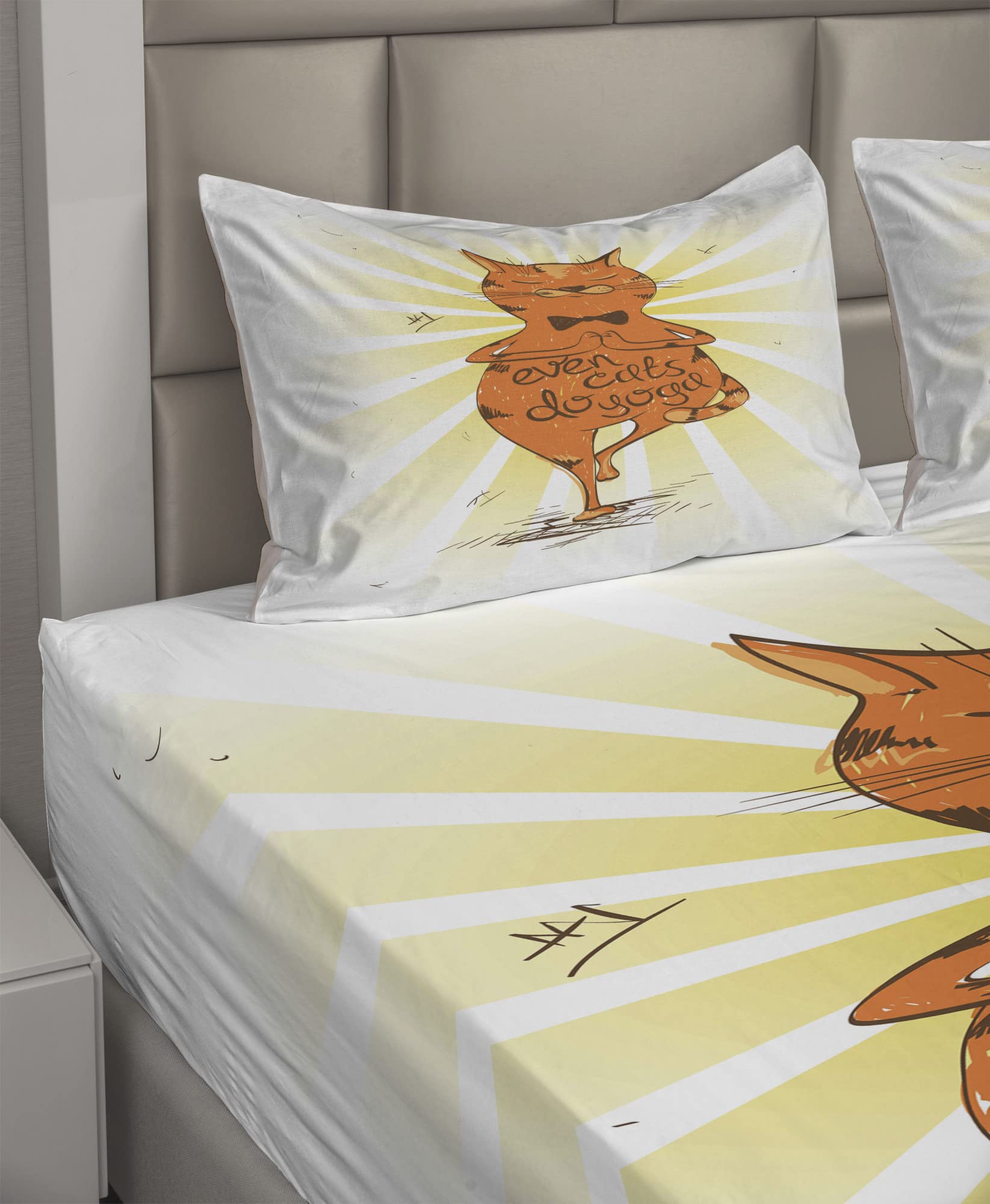 Ambesonne 4-Piece Yoga Sheet Set - King Size Fitted & Flat Sheets with Pillowcases | Peaceful Cat Design with Asana Balance Motif | Orange Yellow Brown Bedding for Relaxation | Perfect for Yoga Studios, Meditation Rooms & Boho Chic Bedrooms