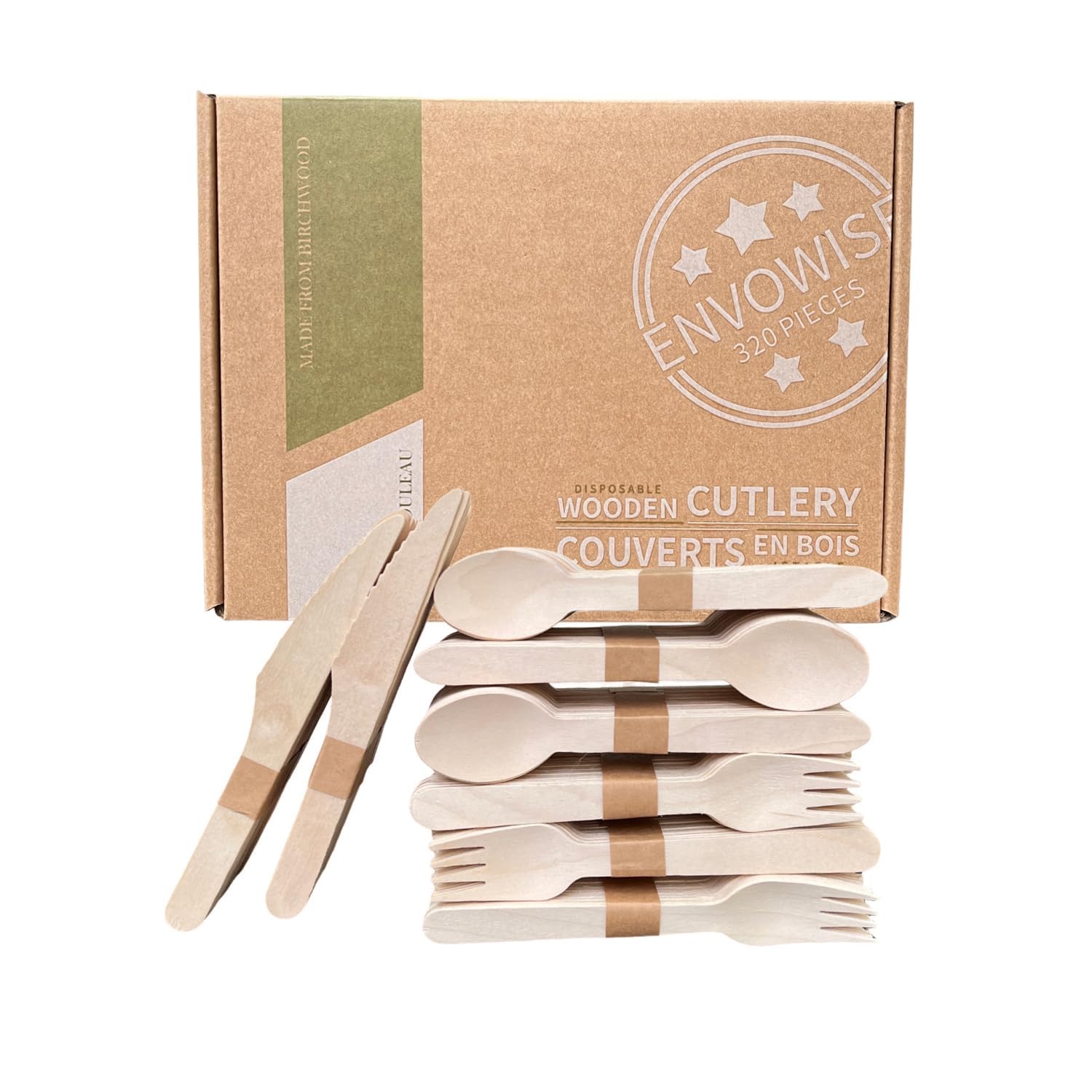 [320 Pack] Eco-Friendly Disposable Wooden Cutlery Set - 120 Forks, 120 Spoons, 80 Knives (6.3