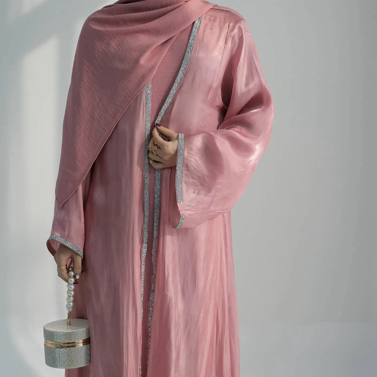 2-Piece Hotfix Rhinestone Sparkling Open Abaya Dress Set with Inner Dress - Perfect for Weddings, Parties & Special Occasions