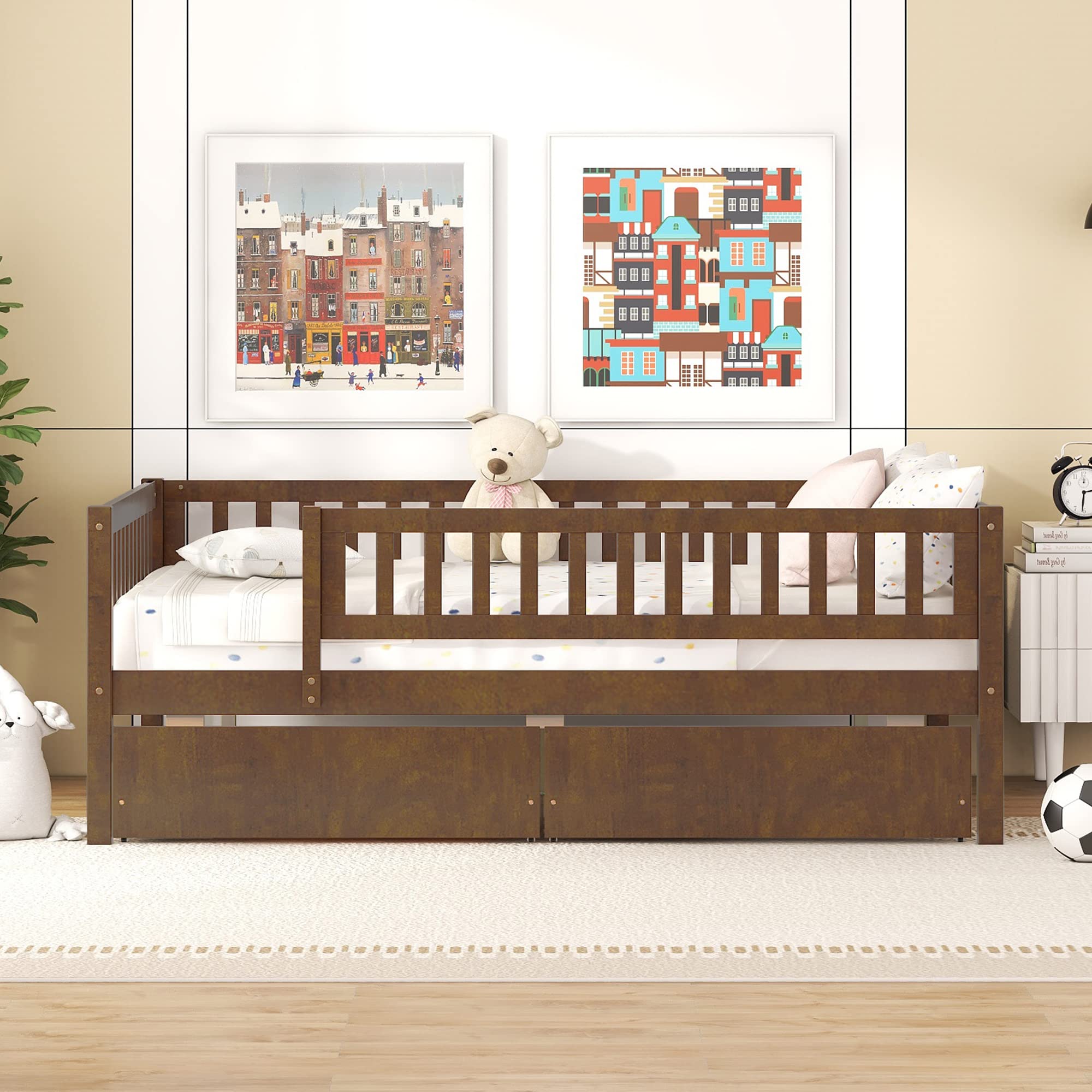 DEINPPA Full Size Wooden Daybed with Storage Drawers & Slat Support - Sturdy Bed Frame for Kids, Children, Toddlers, Boys & Girls in Walnut Finish - Perfect for Bedrooms, Playrooms & Guest Rooms
