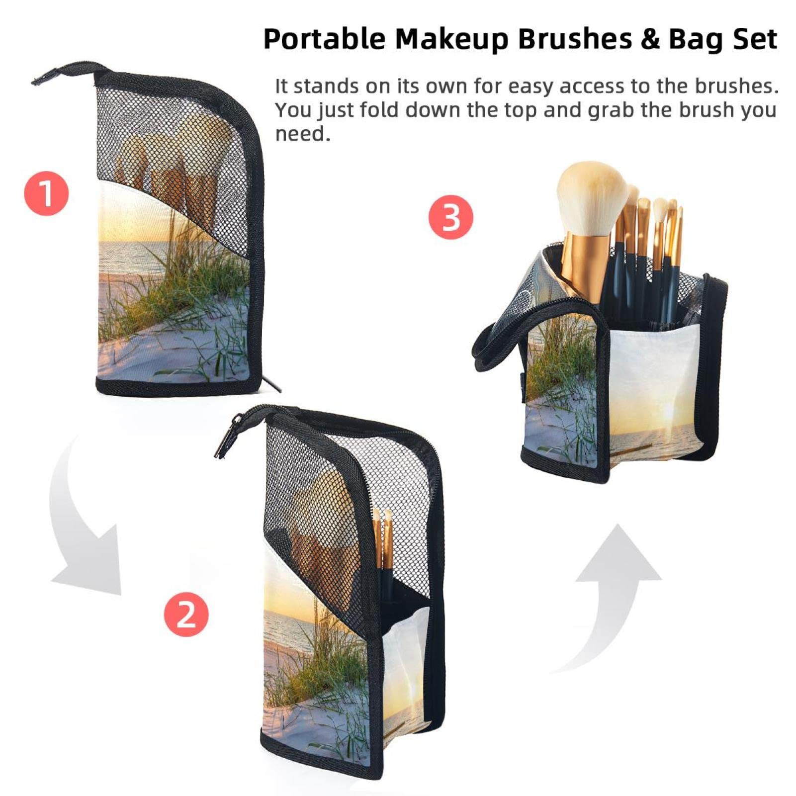 12-Piece Makeup Brush Organizer Bag with Portable Holder Case - Sunset Sand & Sea Beach Design - Perfect for Travel, Home Storage & Professional Makeup Artists