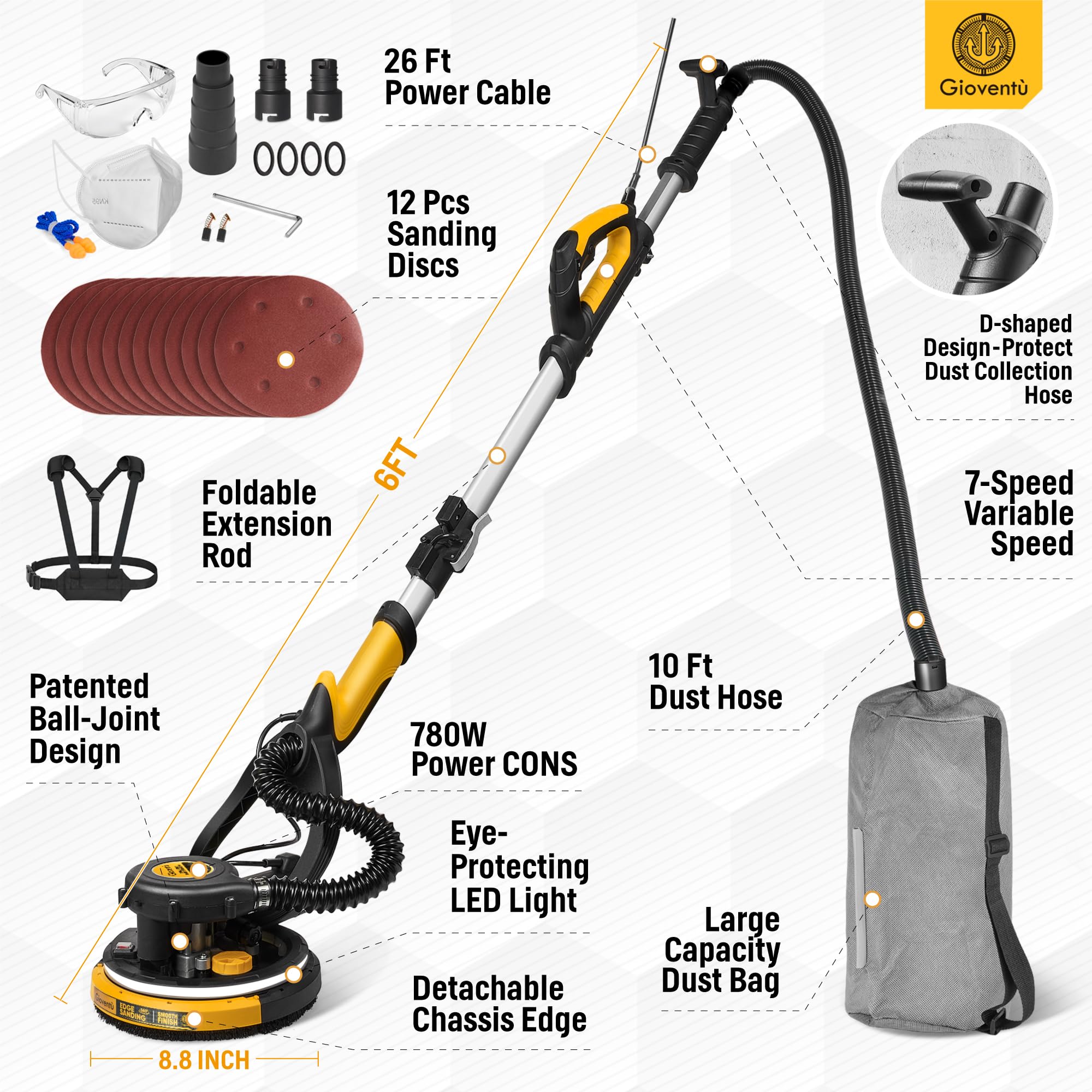 Electric Drywall Sander with Vacuum Attachment - 7-Speed Adjustable (900-1800 RPM), Auto Dust Collection & Ergonomic Strap - Perfect for Drywall, Popcorn Ceilings, Plaster and Home Renovation Projects