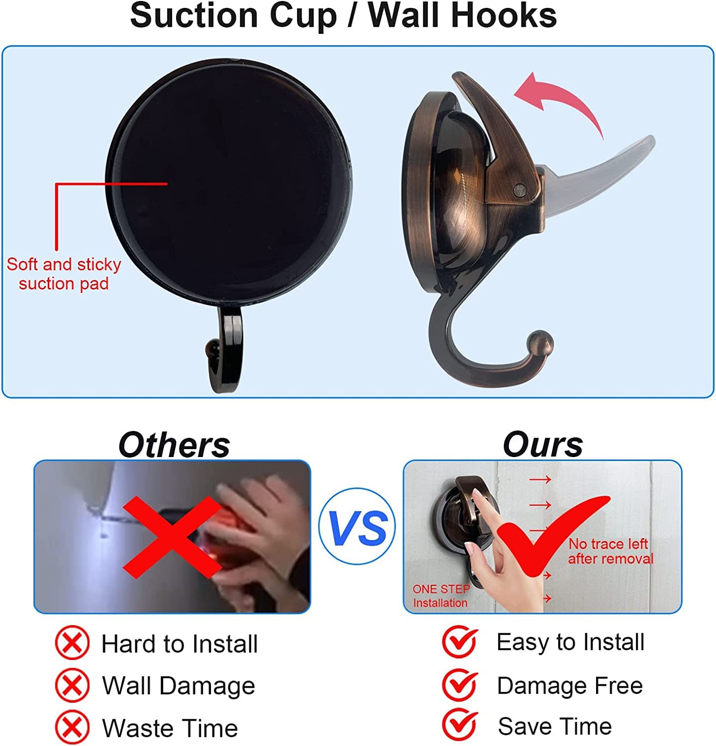 Heavy Duty Vacuum Suction Cup Hooks for Shower - 2 Pack Antique Brass Glass Suction Hooks, No Drill Reusable Towel & Robe Hooks - Perfect for Bathroom Organization, Garland Decoration & Home Decor