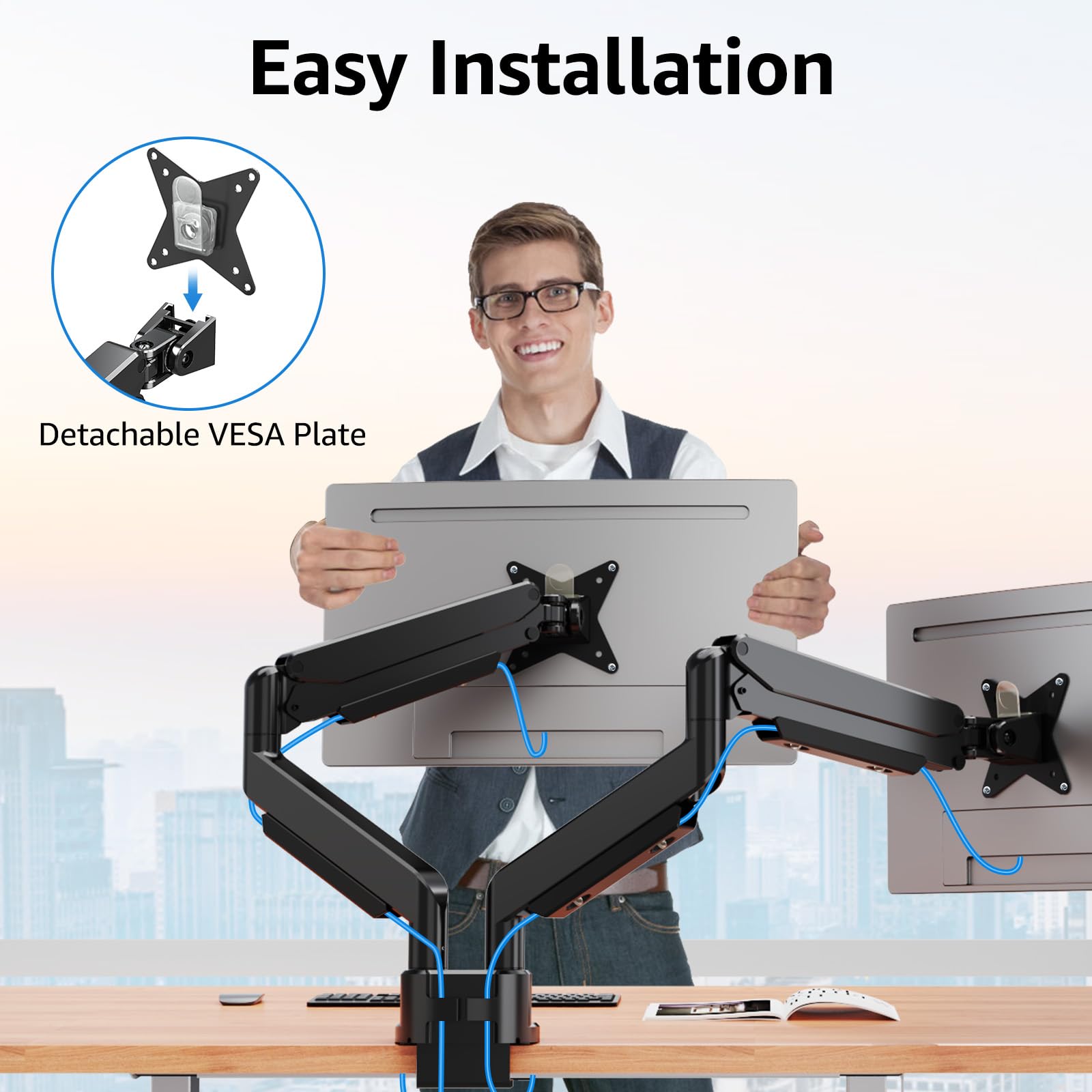 MOUNTUP Dual Monitor Arm Stand for 17-42 Inch Ultrawide Screens - Heavy Duty Gas Spring Desk Mount with VESA 75x75/100x100 - Holds 6.6-33 lbs per Monitor - Clamp/Grommet Base - Perfect for Home Office, Gaming Setup & Workstation Ergonomics