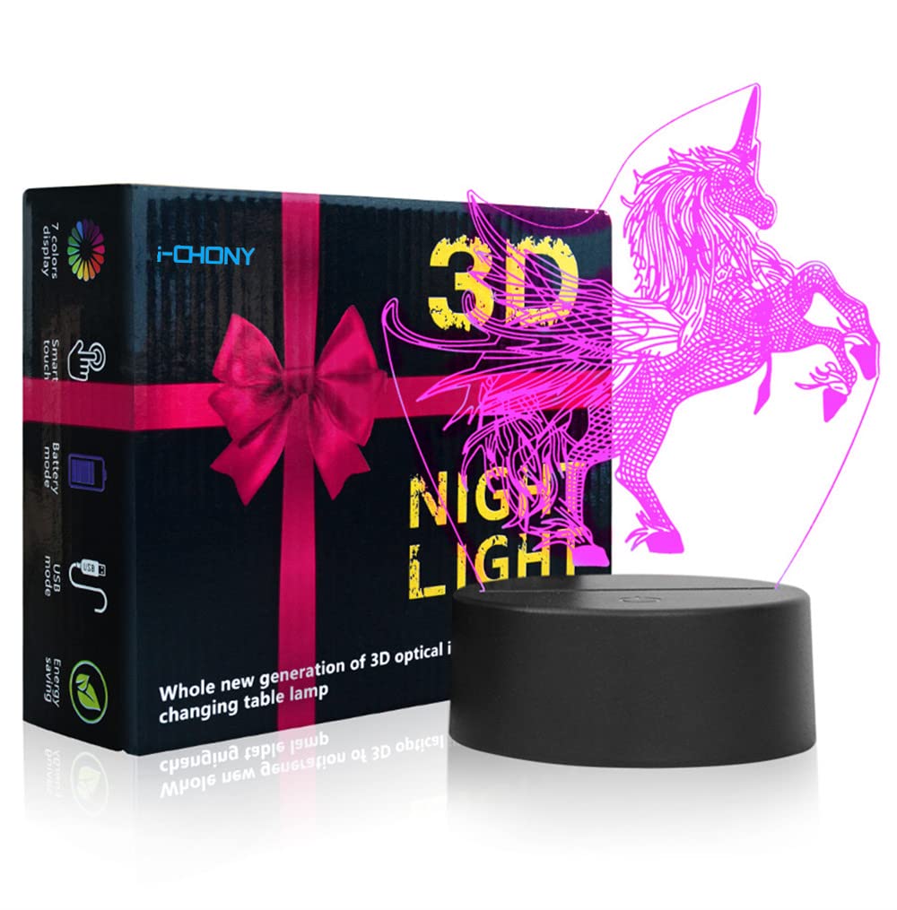Unicorn Night Light for Kids - 3D LED Optical Illusion Lamp with 7 Color Changing Modes, Touch Control Table Lamp - Perfect Birthday Gift, Christmas Present for Girls & Boys - Ideal for Bedroom Decor, Nursery Nightlight, and Kids Room Ambiance